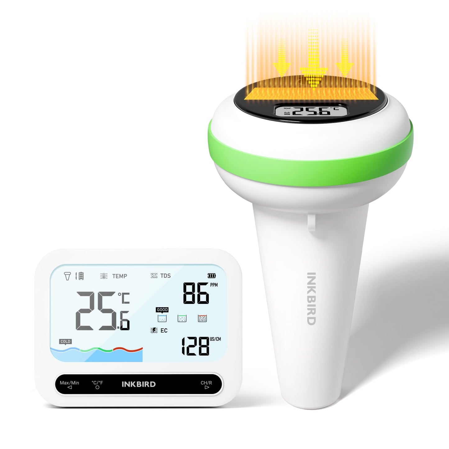 INKBIRD IBS-P04R Solar Powered Pool Thermometer Set, 3 in 1 Water Quality Monitor, Water Temperature TDS EC Detector, IP68 Waterproof, 300M/980FT Ultra Long Transmission