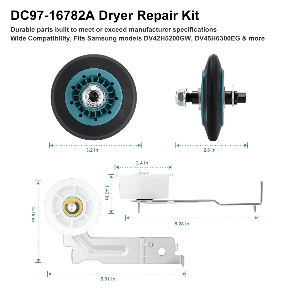 For Samsung Dryer Repair Kit Replacement DC97-16782A, Includes Drum Roller DC97-16782A, Idler Pulley DC93-00634A, Belt 6602-001655, Fits DV45H7000EW/A2 DV42H5000EW/A3 DV365GTBGWR/A3