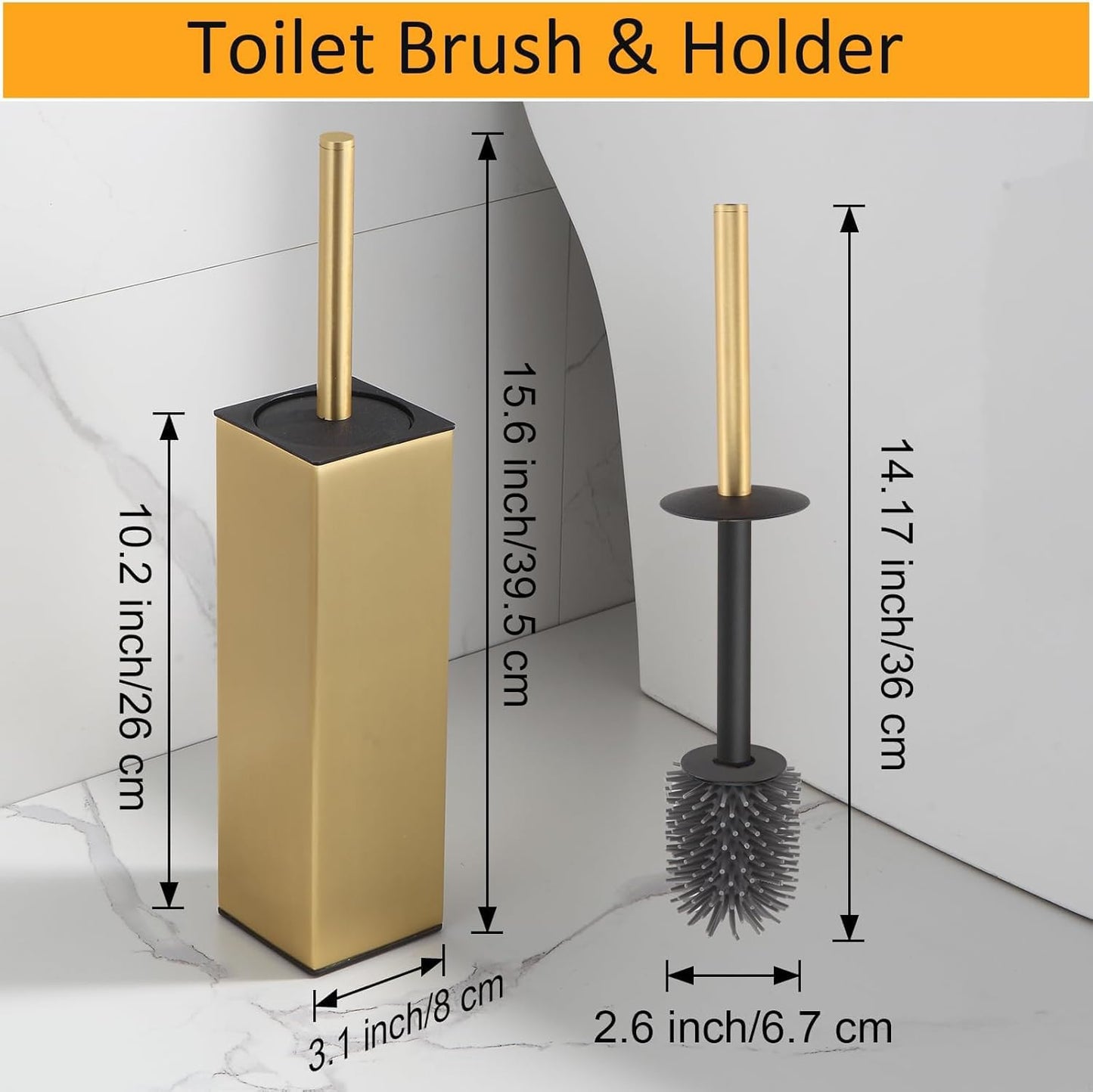 BGL Standing Toilet Brush and Holder Brushed Gold Aluminium Toilet Bowl Cleaner Brush and Holder for Bathroom Storage and Organization, Square Design Sturdy and Space Saving
