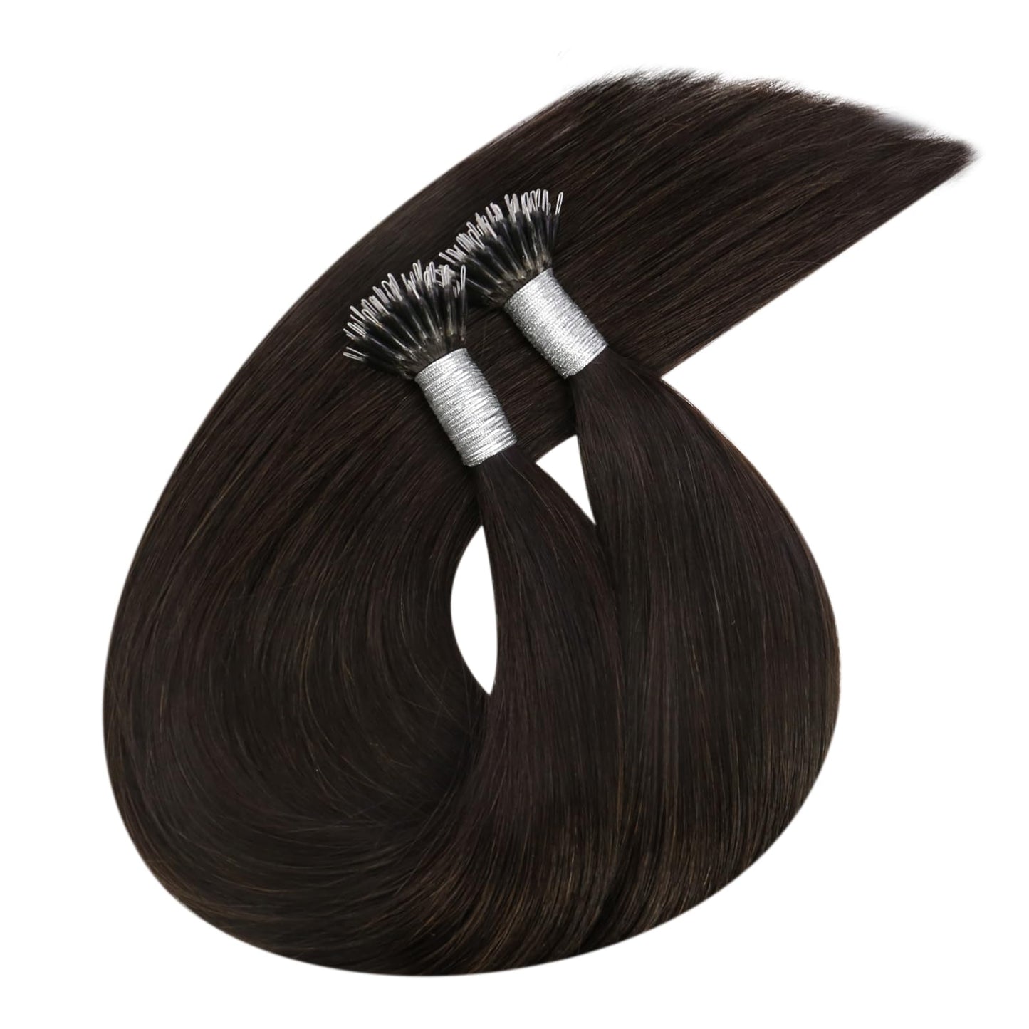 Ugeat Brown Nano Beads Hair Extensions for Women 14 inch Short Cold Fusion Nano Hair Extensions Human Hair Darkest Brown for Short Add Volume 50G 50S