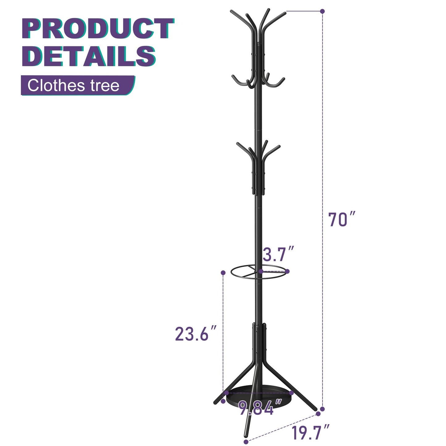 Wieghda Metal Coat Rack with Umbrella Holder,Coat hanger Freestanding,Entryway Hanger Stand,Hall Tree With 12 Hooks,Black