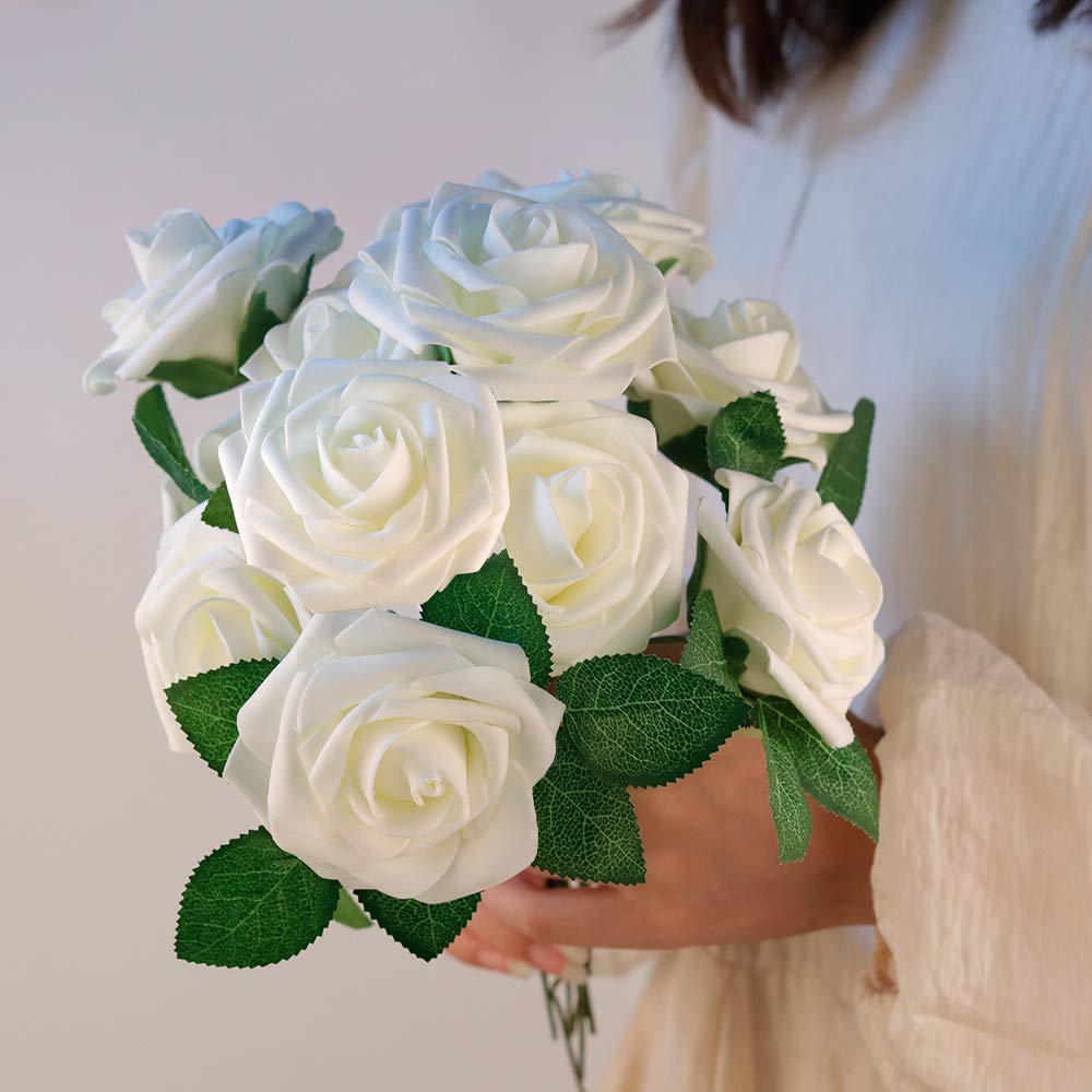 Mocoosy 50Pcs White Rose Artificial Flowers, Ivory Roses for Decorations, Real Touch Fake Rose with Stems Bulk DIY Wedding Bouquet Centerpiece Bridal Shower Floral Arrangement Party Home Table Decor