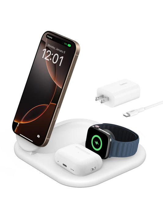 Belkin 3-in-1 MagSafe-Compatible iPhone Charger 15W, Foldable Magnetic Qi2-Certified Wireless Charging Station for iPhone 17, Apple Watch Series 10, AirPods 4, and More, w/Non-Slip Base & PSU - White