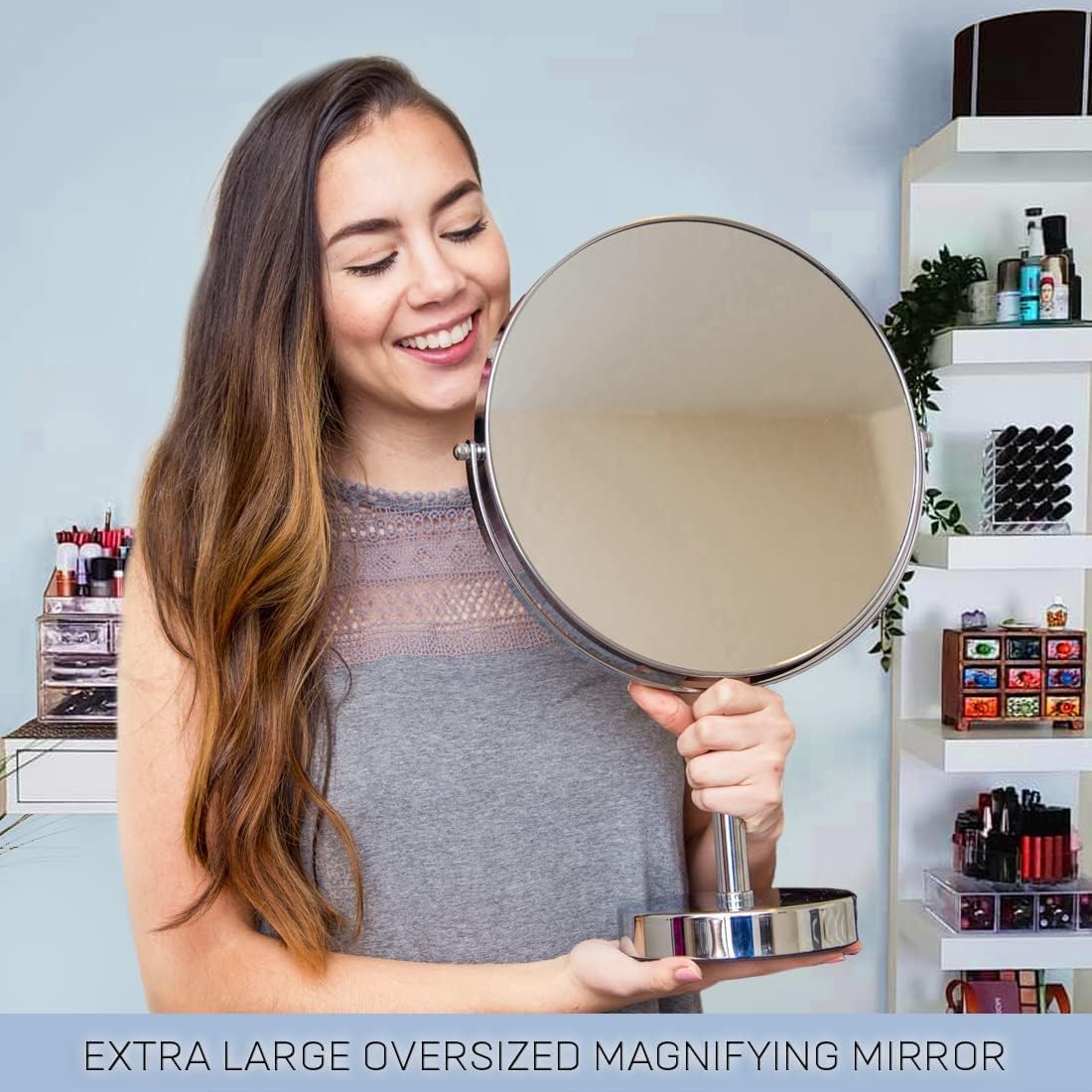 3X Magnifying Mirror on Stand - Round Makeup Table Mirror for Vanity, Bathroom and Retail Store - 3X and 1X Magnification - 28cm Wide, 43cm Tall