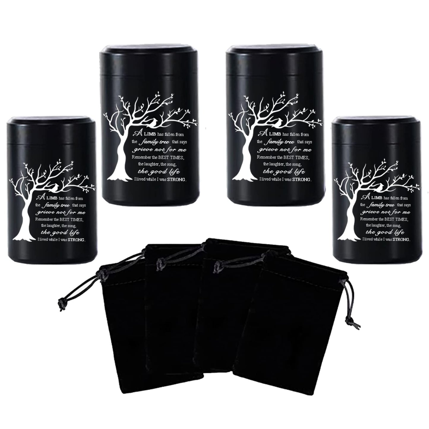 Limbo Aluminium Mini Urns - Set of 4, 2.7 inch High, Human/Pet Ashes Keepsake Urns - 'A Limb has Fallen from Family Tree That say Grieve not for me'