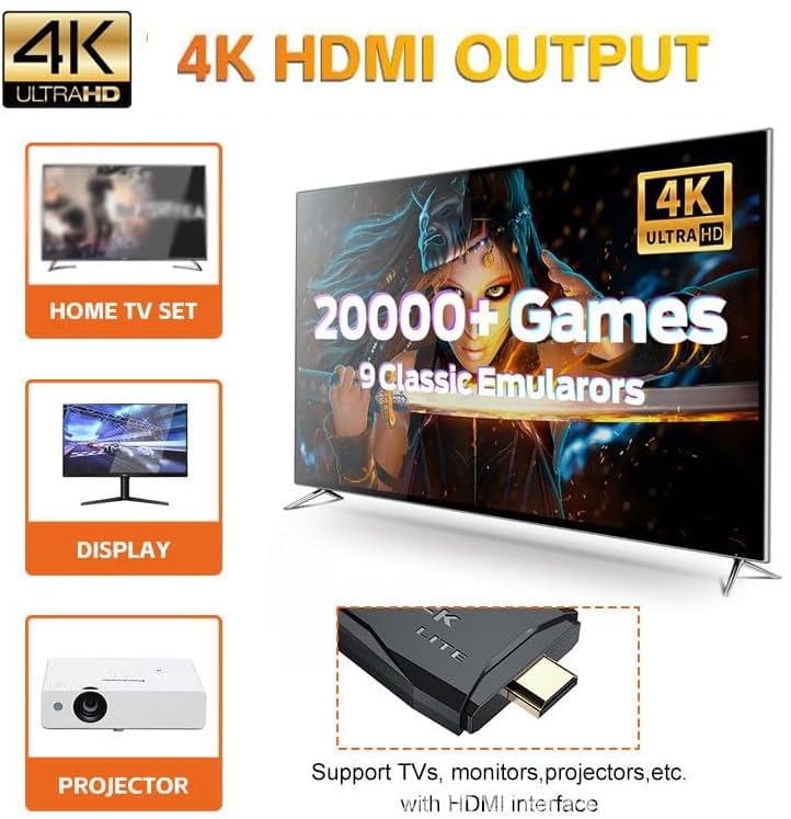 2025 Retro Game Console, Game Stick with Built-in 20000+ Games, 4K HD Output Retro Game Stick Dual 2.4G Controllers for TV, PC, Projector, Monitor