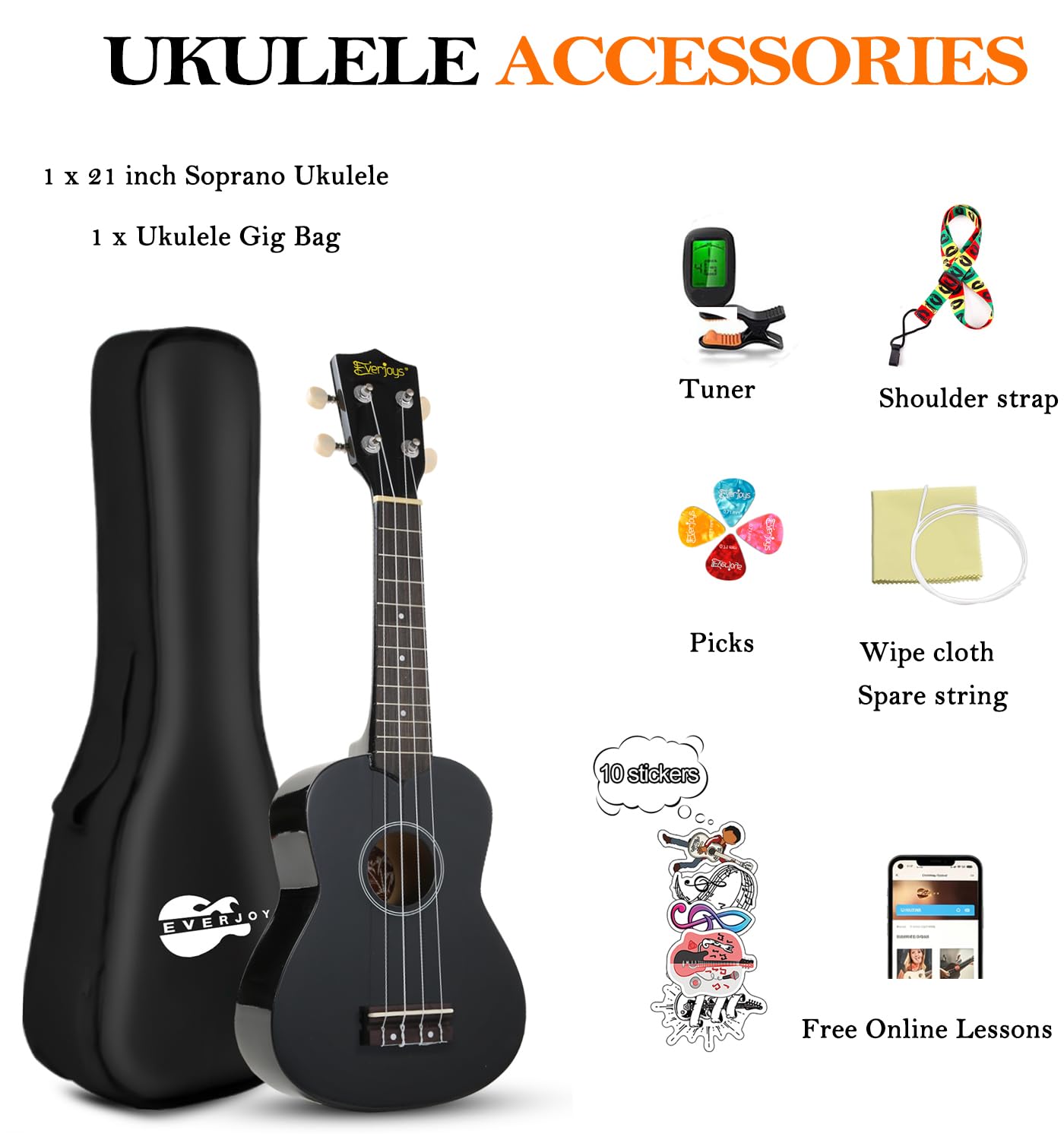 Soprano Ukulele Beginner Kit 21 Inch w/Free Online Lesson Gig Bag Tuner Picks Strap, Fast to Learn