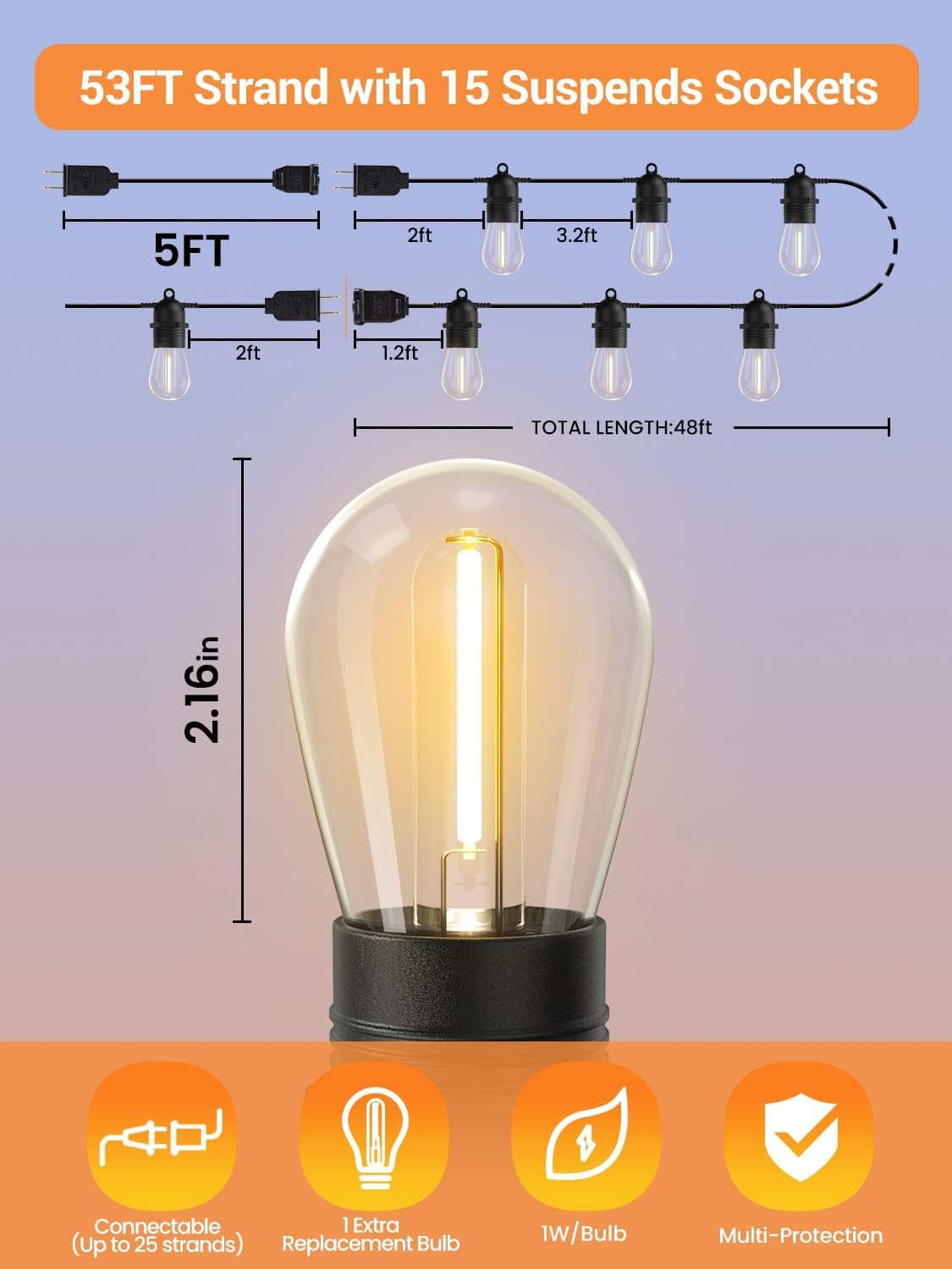 Quntis 53FT Outdoor String Lights, Waterproof Shatterproof Patio Lights String Outdoor with 15+1 Bulbs, Connectable Led Outdoor Lights for Backyard Balcony Gazebo Pergola Bistro Deck Party, Warm White