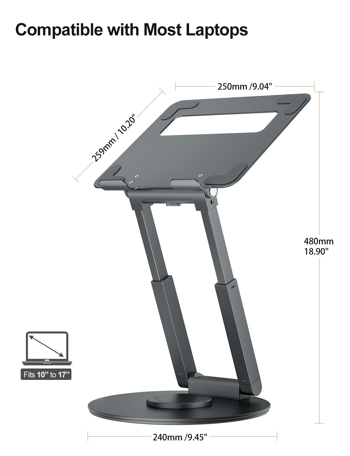 Tounee Telescopic Laptop Stand for Desk with 360° Swivel Base, Sit to Stand, Height Adjustable, Portable Riser Holder for Good Posture, Compatible with MacBook Pro, All Laptops 10-17"-Gray