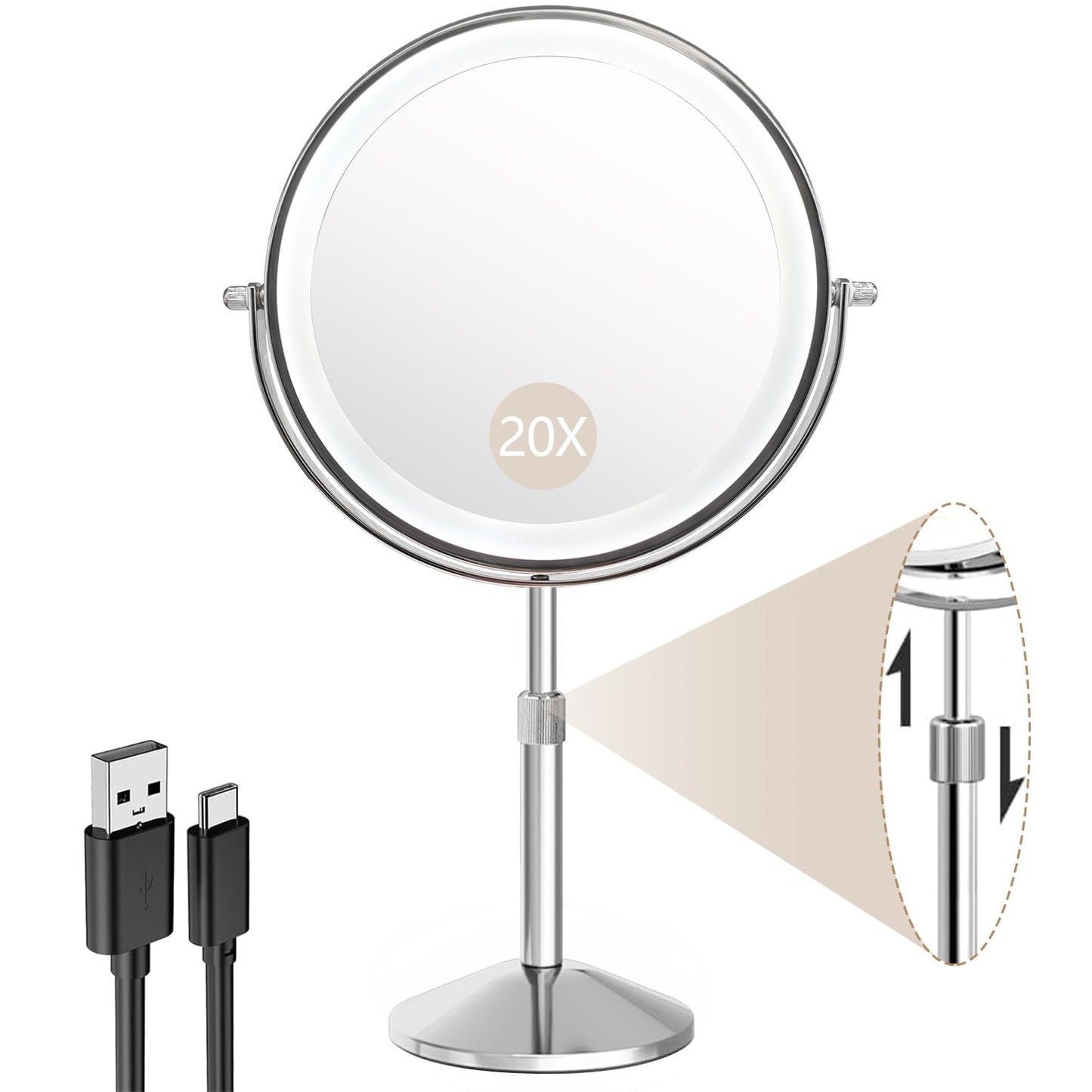 BTremary 20X Make Up Mirror with Lighting Adjustable Height, 8” Magnifying Mirror with Lights, 2500mAh Illuminated Makeup Mirror 360 Rotation Light Up Mirror for Detail Makeup in Bathroom/Bedroom.