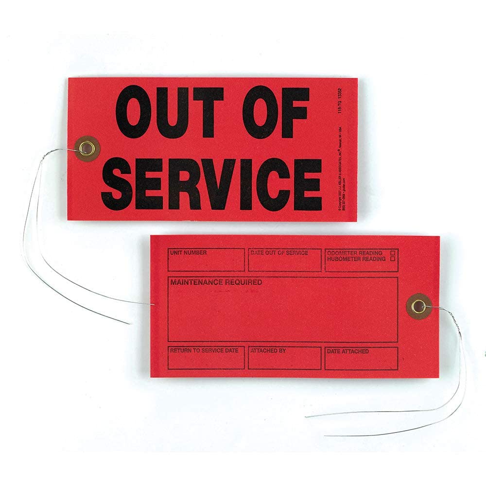Out of Service Tags 50-pk. - 6.25" x 3.125", Red, Synthetic, 12" Tag Wires Attached - Easily Identify Equipment Availability - J. J. Keller & Associates