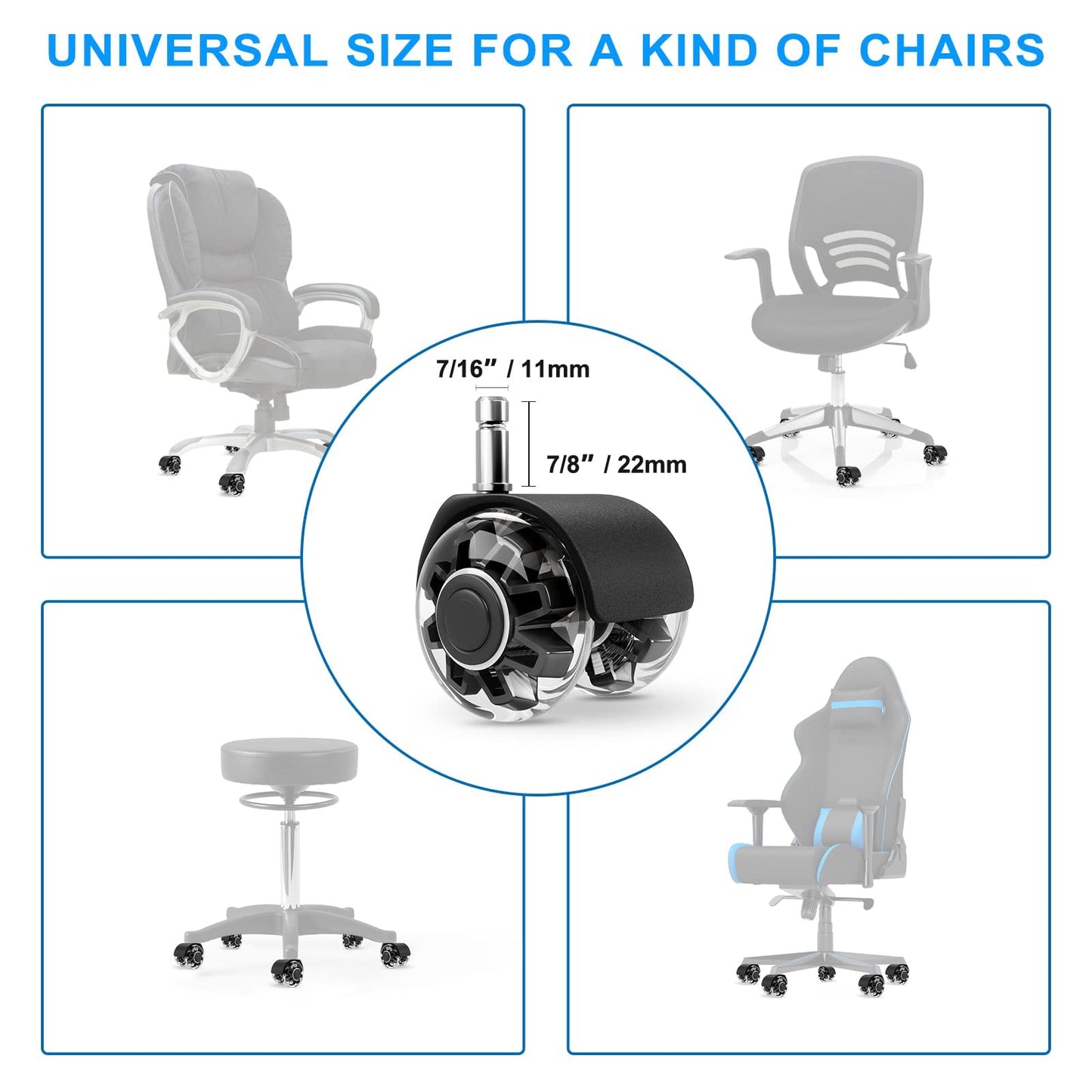 Office Chair Caster Wheels (Set of 5),Heavy-Duty Chair Wheels Support 2200lbs,Mute Rubber Chair Casters for Hardwood Floors and Carpet,2 Inch Universal Fit,casters for Hardwood Floors (Black)