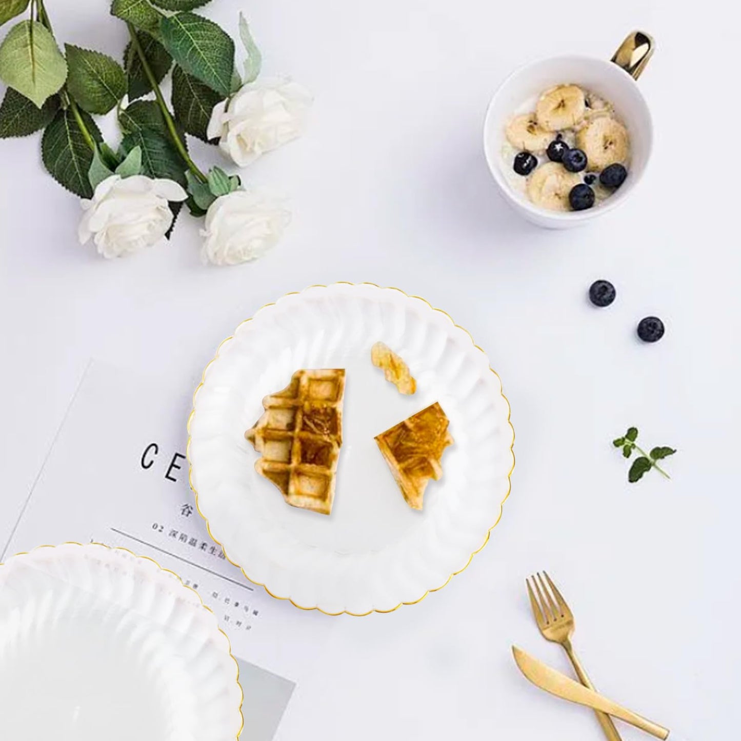 Auch 50 Pack 6 Inch Clear Plastic Plates Gold Rim, Disposable Heavy Duty Salad Dessert Plates- Premium Hard Plastic Plates Fancy Disposable Clear Plates for Weddings, Parties and Events (50 Pack)