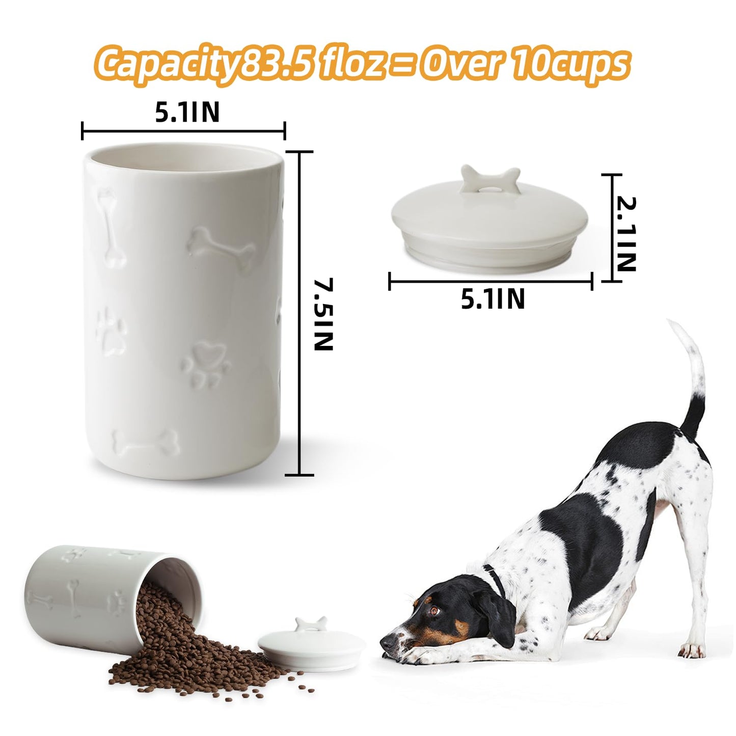 NIXBYO Ceramics Dog Food Storage Container, 5" Round x 9" Tall Cat Dog Pet Treat Jar, with Rubber Sealing Ring Cup Lid and Bone Handle,White for Small, Medium and Large Dogs Cookie Jar
