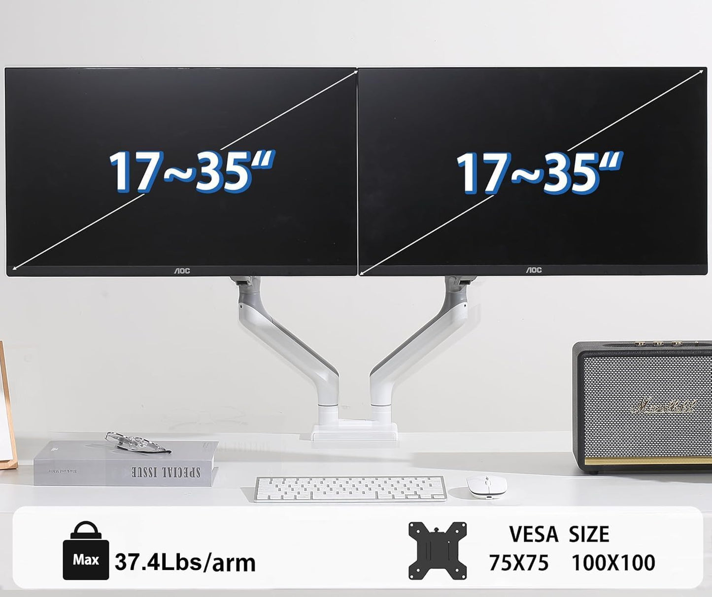 ETHU Heavy Duty Monitor Arm, Gas Spring Monitor Stand for 17-45 Inch Screens up to 37.4 lbs, Adjustable Monitor Mount with C-Clamp & Grommet Base, Ergonomic Computer Monitor Mount (Dual White)