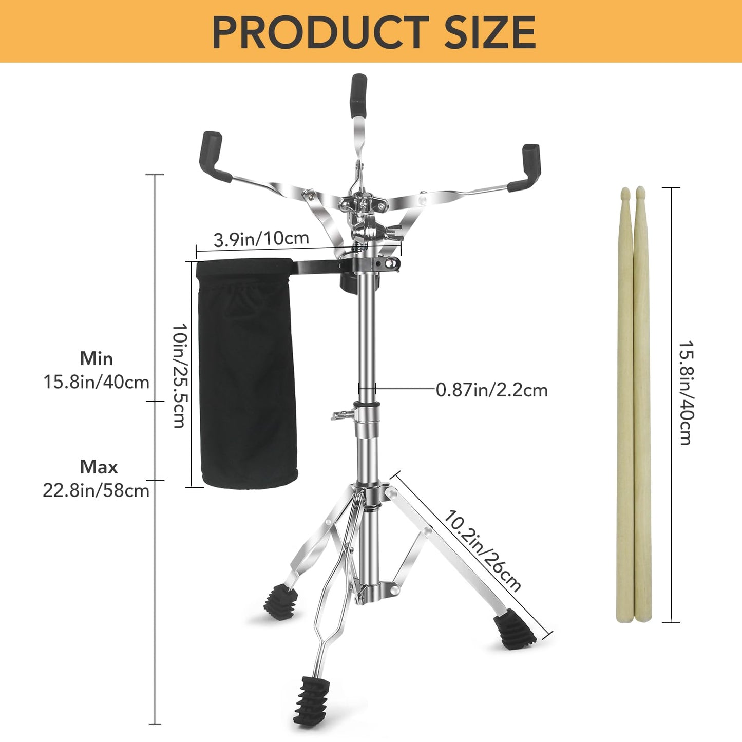 Snare Drum Stand Snare Stand with Drumstick Holder and a Pair of 5A Drum Sticks Fit for 8 to 15 Inch Snare Drum and Practice Pad, Adjustable Height 15.8 to 22.8 Inches for Drum Beginners