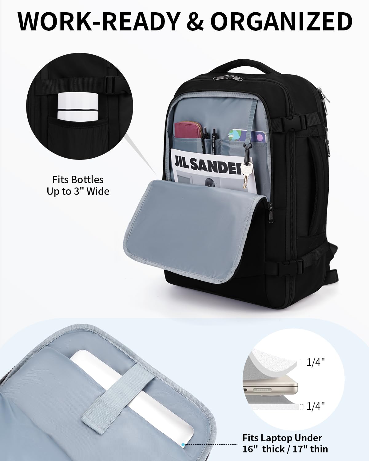 ECOHUB Travel Backpack for Men Women, Expandable Large Carry On Backpacks Essentials with Wet Pocket Cable Slot Water Resistant 12 Pockets 30L Travel Work Black