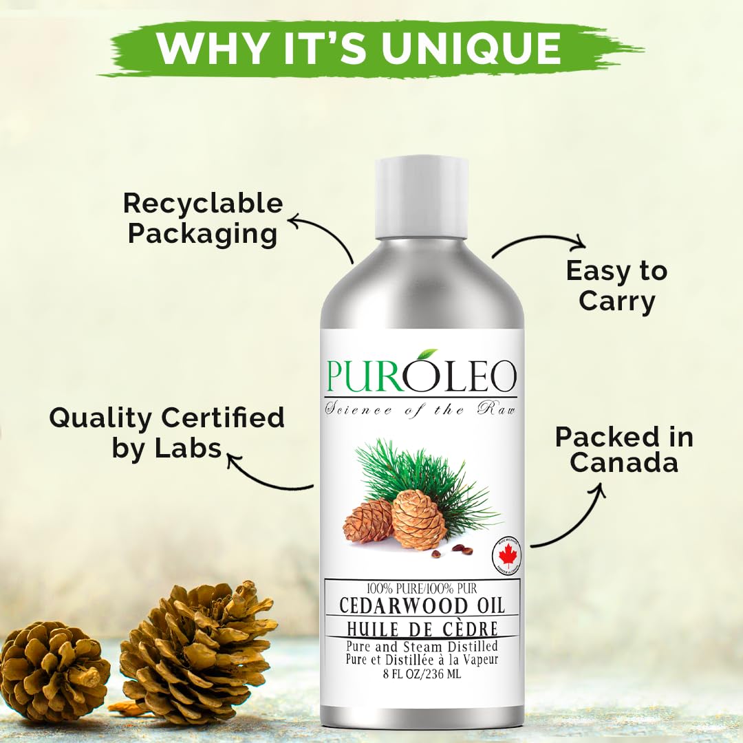 PUROLEO Cedarwood Essential Oil 8 Fl Oz/236 ML (Packed In Canada) 100% Pure & Natural Cedarwood Oil for Aromatherapy, Relaxation, and Skin Care - Therapeutic Grade Cedarwood Oil for Diffuser