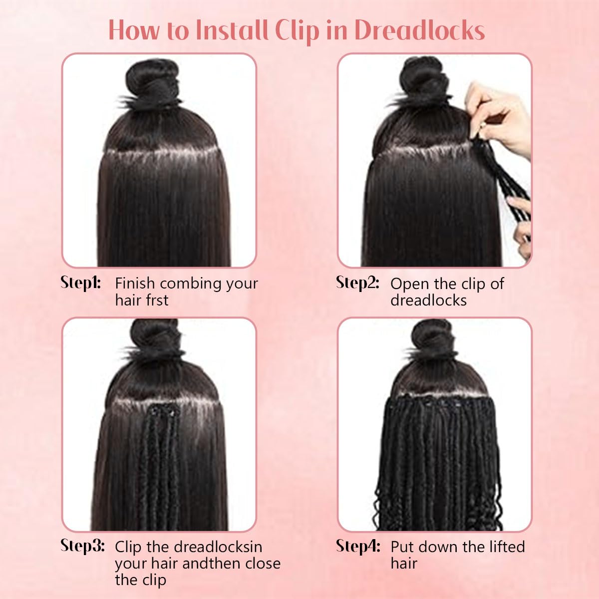 Quisduis 16 Inch Clip in Dreadlocks Hair Extensions, 8PCS 32 Strands Black Synthetic Dreas Extensions Handmade Soft Thin Dreadlocks for Women