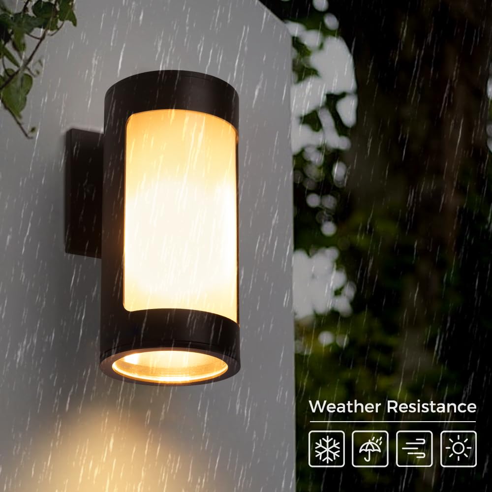 Cerdeco Black Outdoor Wall Lights,Cylinder Stainless Steel Porch Light with Frosted Glass,Modern Outdoor Wall Sconces,2 Pack