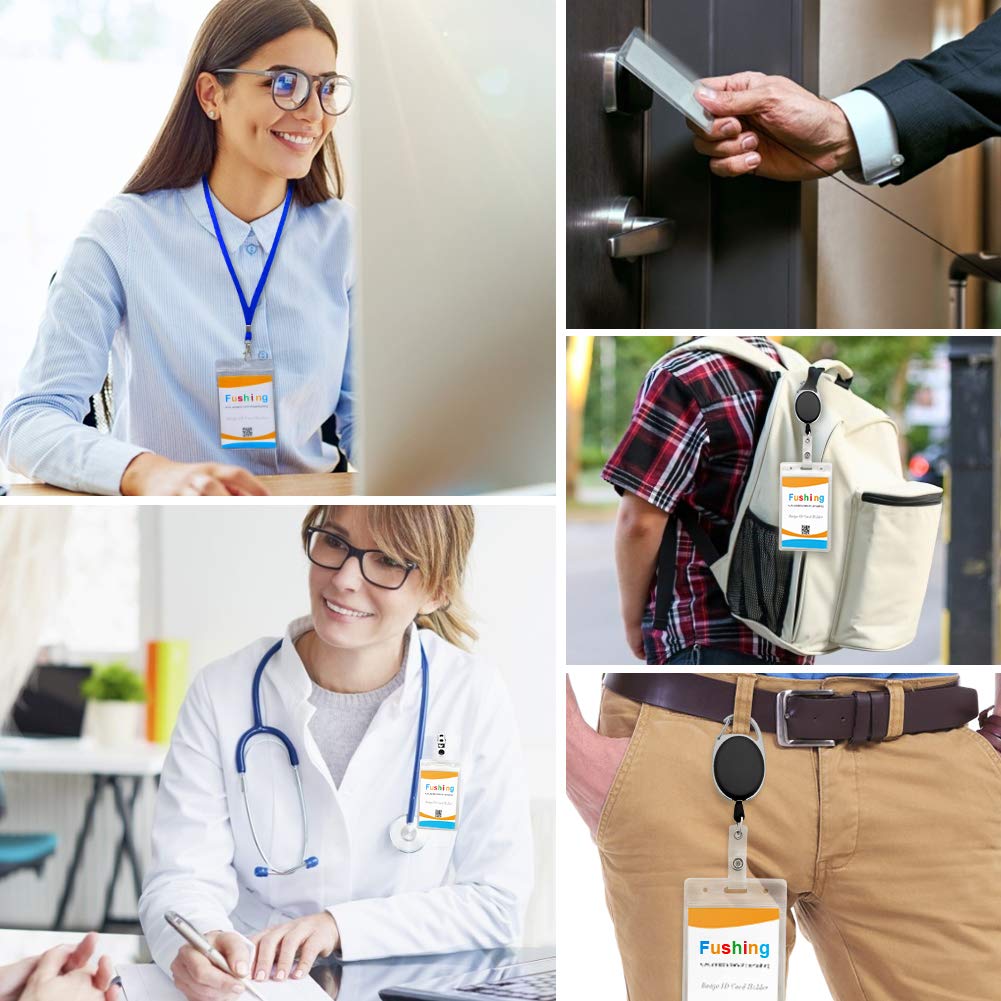 Fushing 50Pcs Extra Thick ID Badge Holders, Exclusive Double-Deck Clear Plastic Vertical Name Tag Badge ID Card Holders, Single Layer Thickness 0.4mm Thicker 60% Than Standard 0.25mm