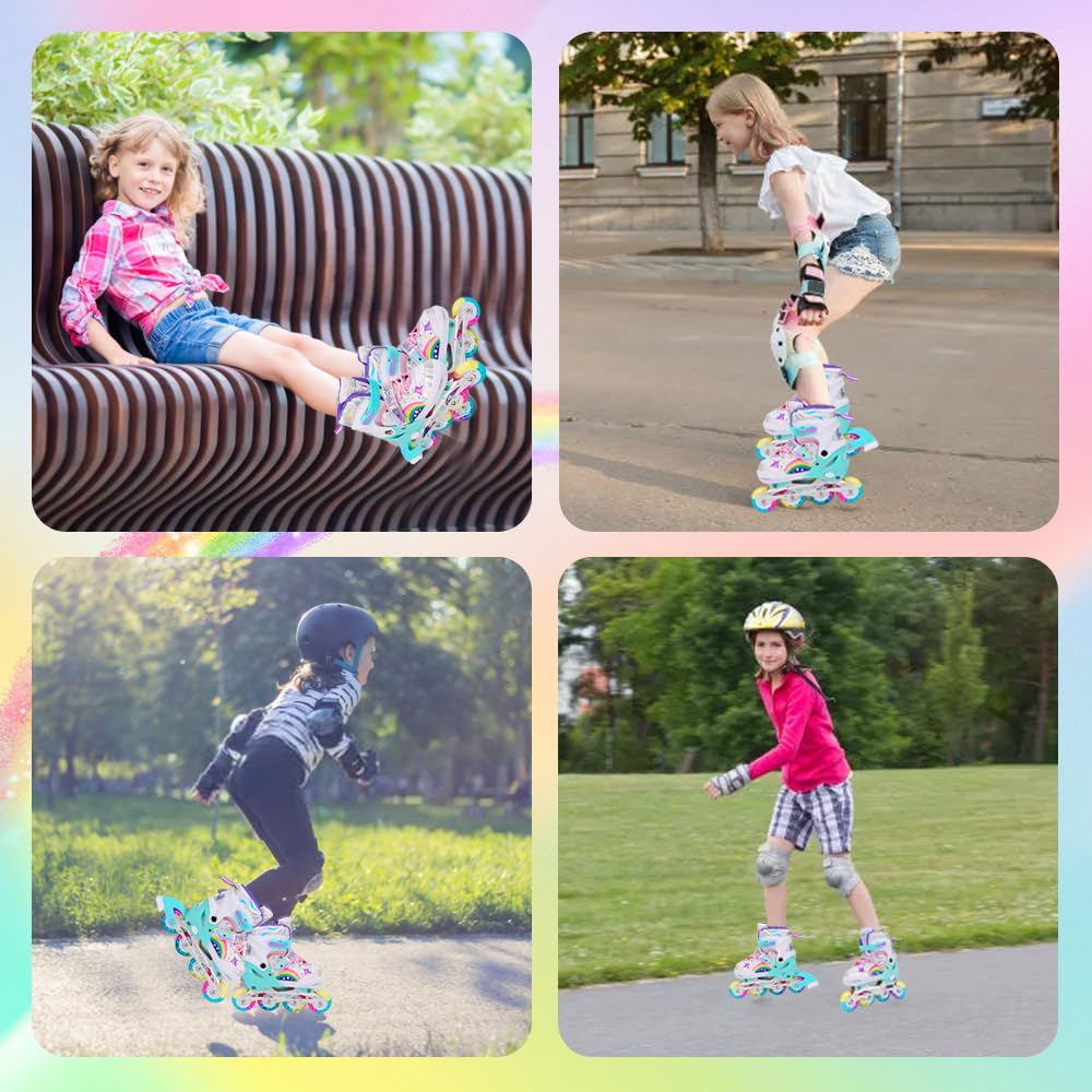 Adjustable Inline Skates for Kids Girls Children Beginners, Rainbow Inline Roller Skates with Light Up Wheels for Kids and Youth for Sports (Small)