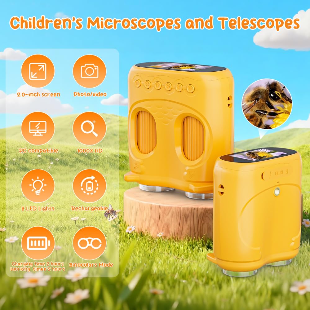 Temodu 2-in-1 Kids Microscope Telescope, 2.0" 1000X Digital Microscope for Kids, HD Portable Education Telescope for Kids Birthday Festival Gift, Science Fun Toys for Children Age 4-12 (Yellow)