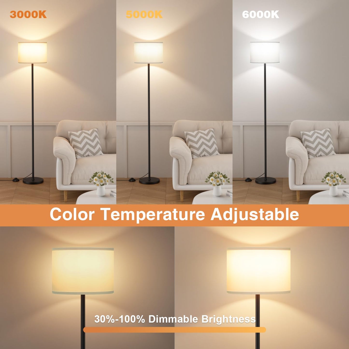Ambimall Modern Floor Lamp with Remote Control and 9W Bulb, Brightness and Color Temperature Adjustable, 60" Tall Lamps for Living Room Bedroom Office Dining Room Kitchen
