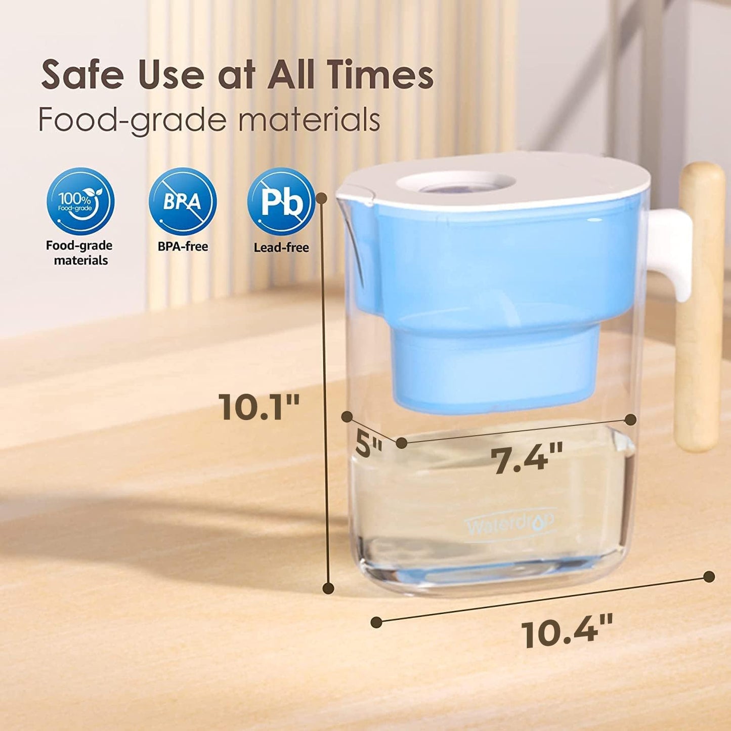 Waterdrop PT-04B Water Filter Pitcher, 10-Cup Capacity, NSF Certified, 200-Gallon Long-Life Filter, 5X Longer Filter Life, Reduces PFOA/PFOS and Chlorine, BPA-Free, Sturdy Wooden Handle, Blue