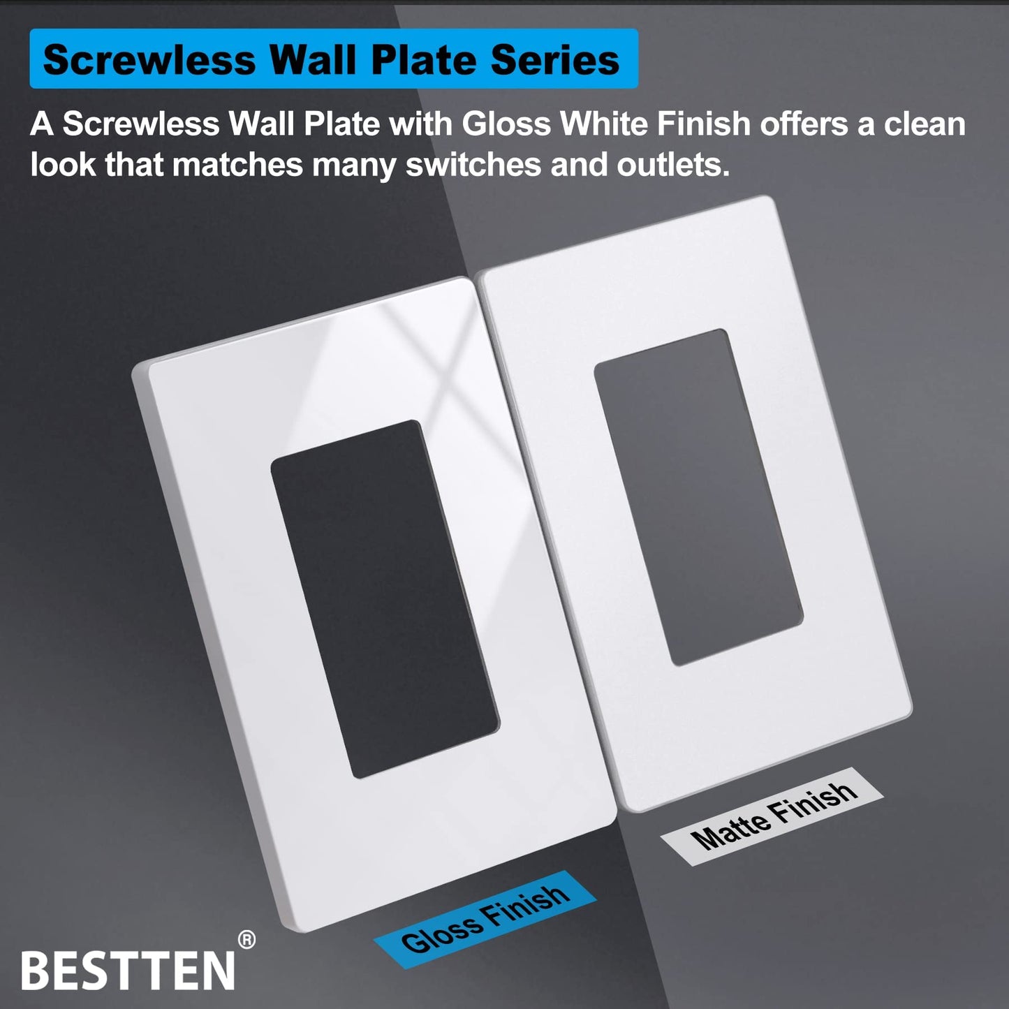 BESTTEN 20 Pack of 1-Gang Screwless Wall Plate, USWP6 Gloss Snow White Series, Decorator Outlet Cover, 11.91cm x 7.39cm, for Light Switch, Dimmer, GFCI, USB Receptacle