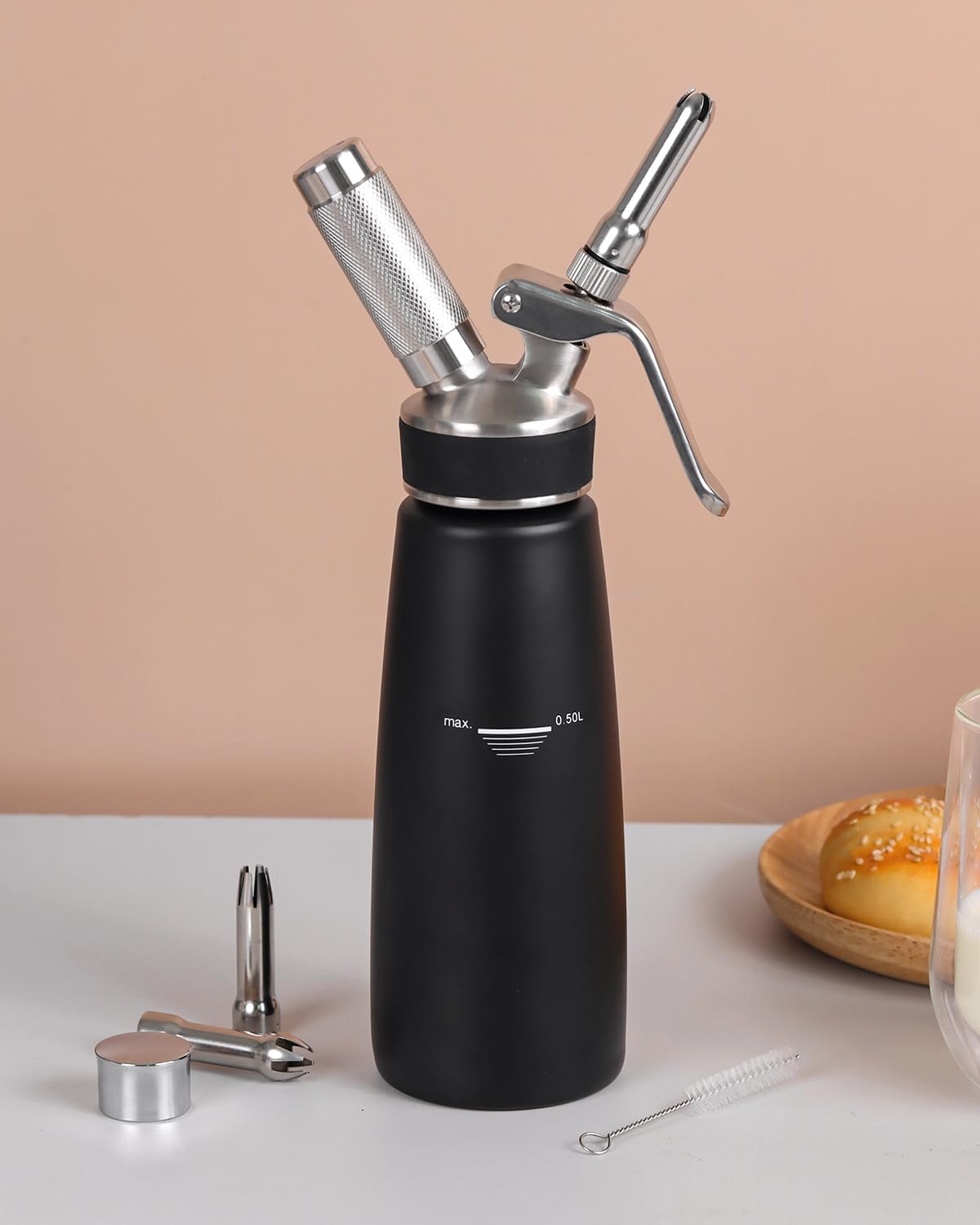 Sivaphe Stainless-Steel Professional Whipped Cream Dispenser, 1-Pint Whip Cream Maker Canister, Leak-Free Cream Whipper Black(8-Gram Charger Not Included)