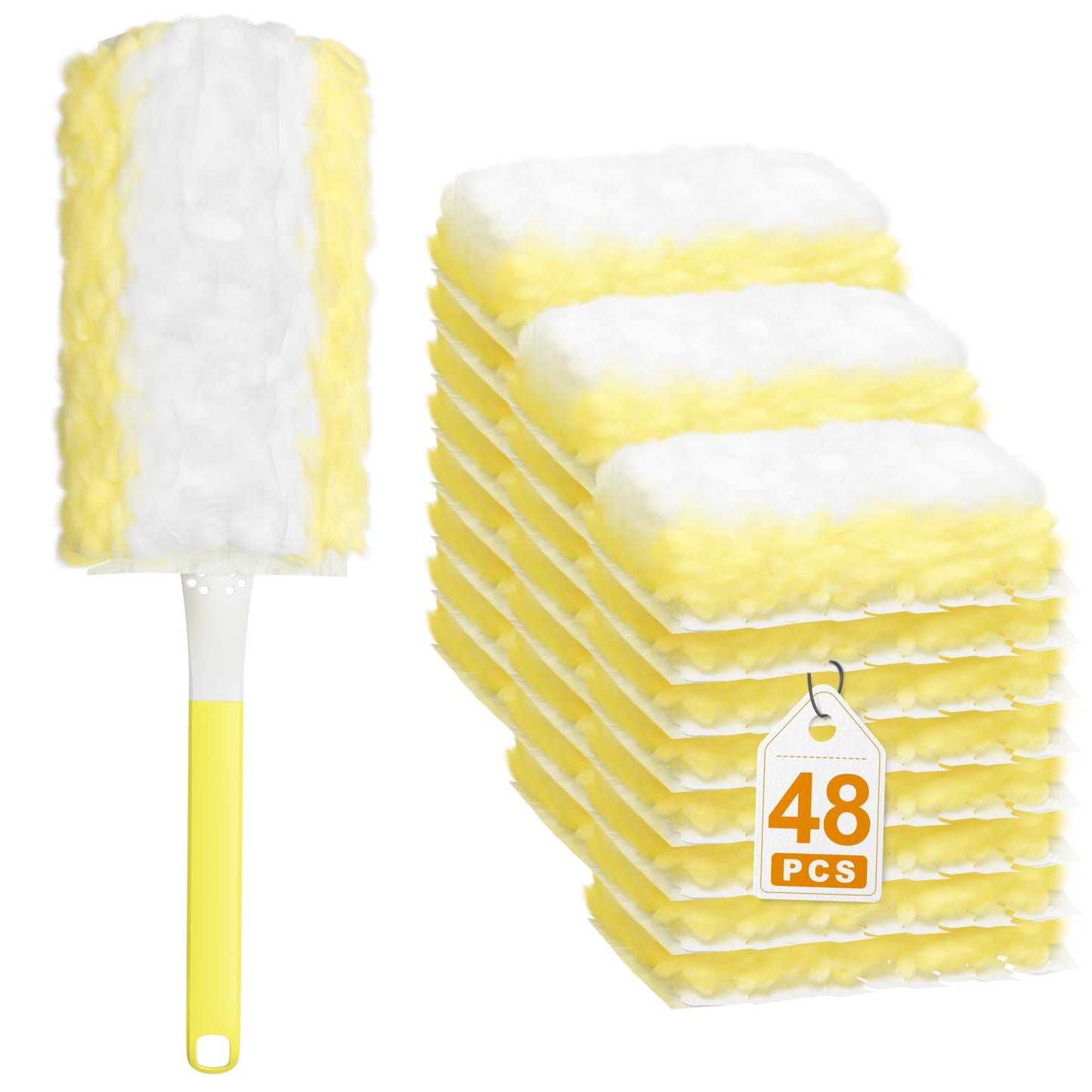 JOYMOOP 48 Ct Duster Refill with 1 Short Handle for Cleaning, Dispsable Dusters Ceaning kit Compatible with Swiffer Duster Handles, Heavy Duty Dusters for Multi-Surface and Home Cleaning