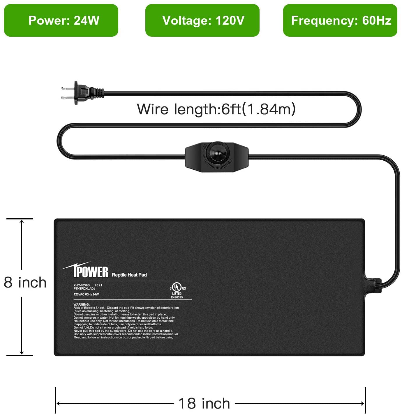 iPower 8 by 18-Inch 24 Watts Reptile Heating Mat with Temperature Controller Under Tank Warmer Terrarium Heat Pad for Reptiles and Amphibians