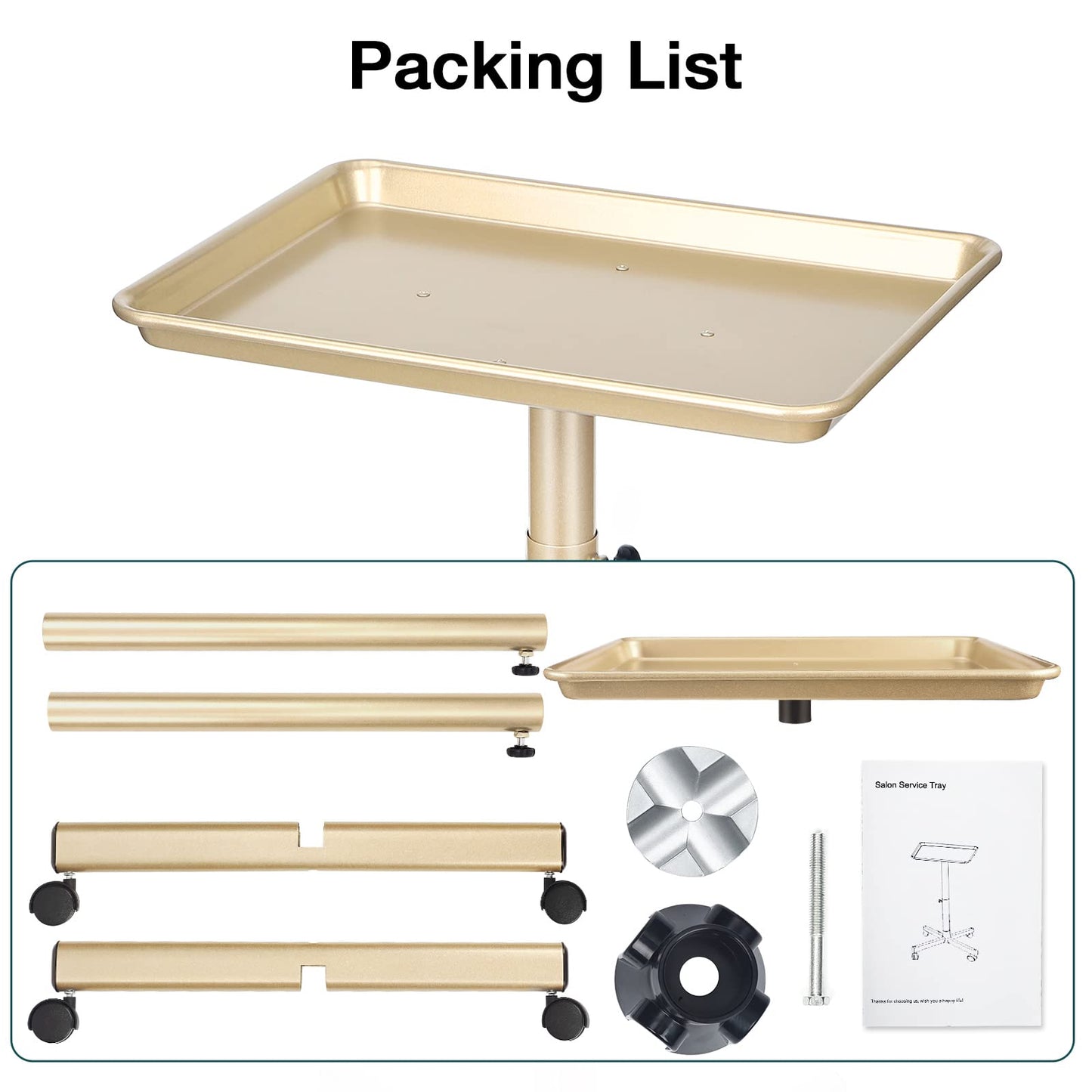 Salon Tray, Champagne Gold Salon Rolling Tray, Salon Service Tray Cart with Adjustable Height, Salon Tray on Wheels, Ideal Use As Tattoo Tray&Deantal Tray, No-Rusting