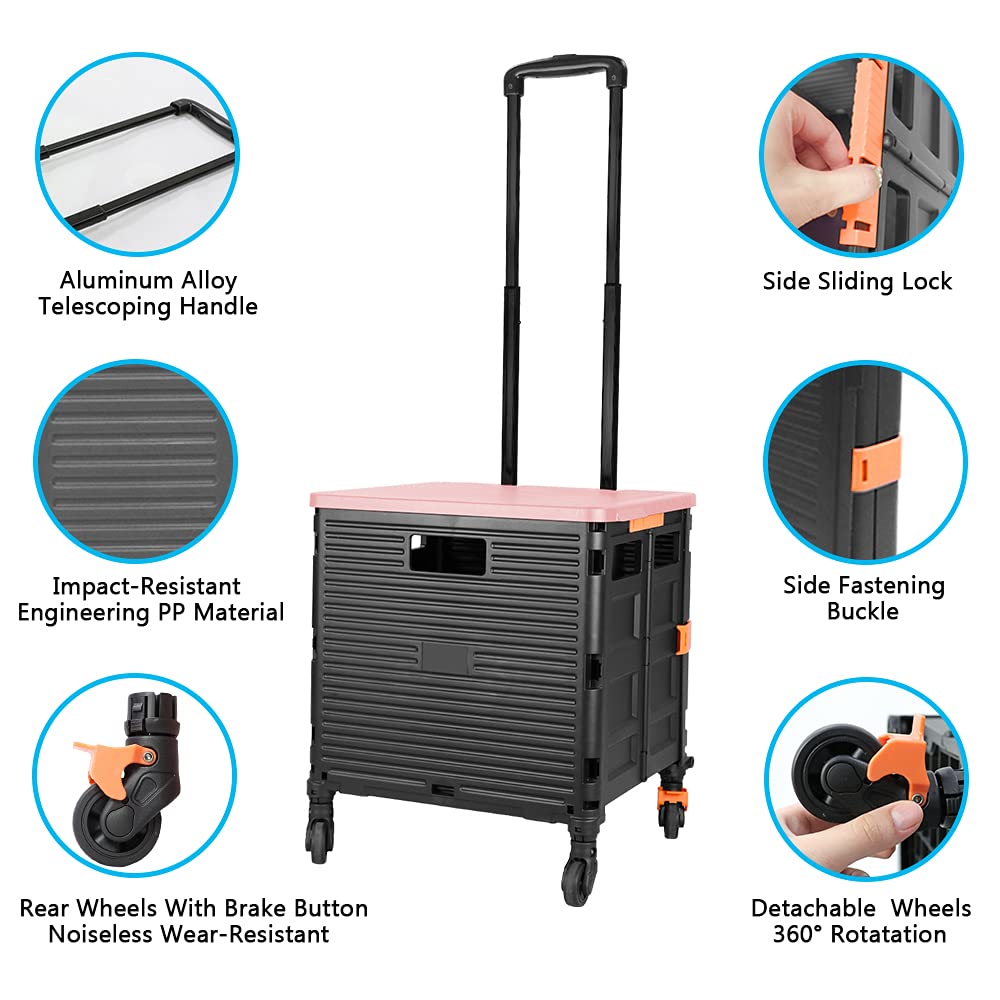 Foldable Utility Cart Folding Portable Rolling Crate Handcart with Durable Heavy Duty Plastic Telescoping Handle Collapsible 4 Rotate Wheels for Travel Shopping Moving Luggage Office Use (Black+Pink)