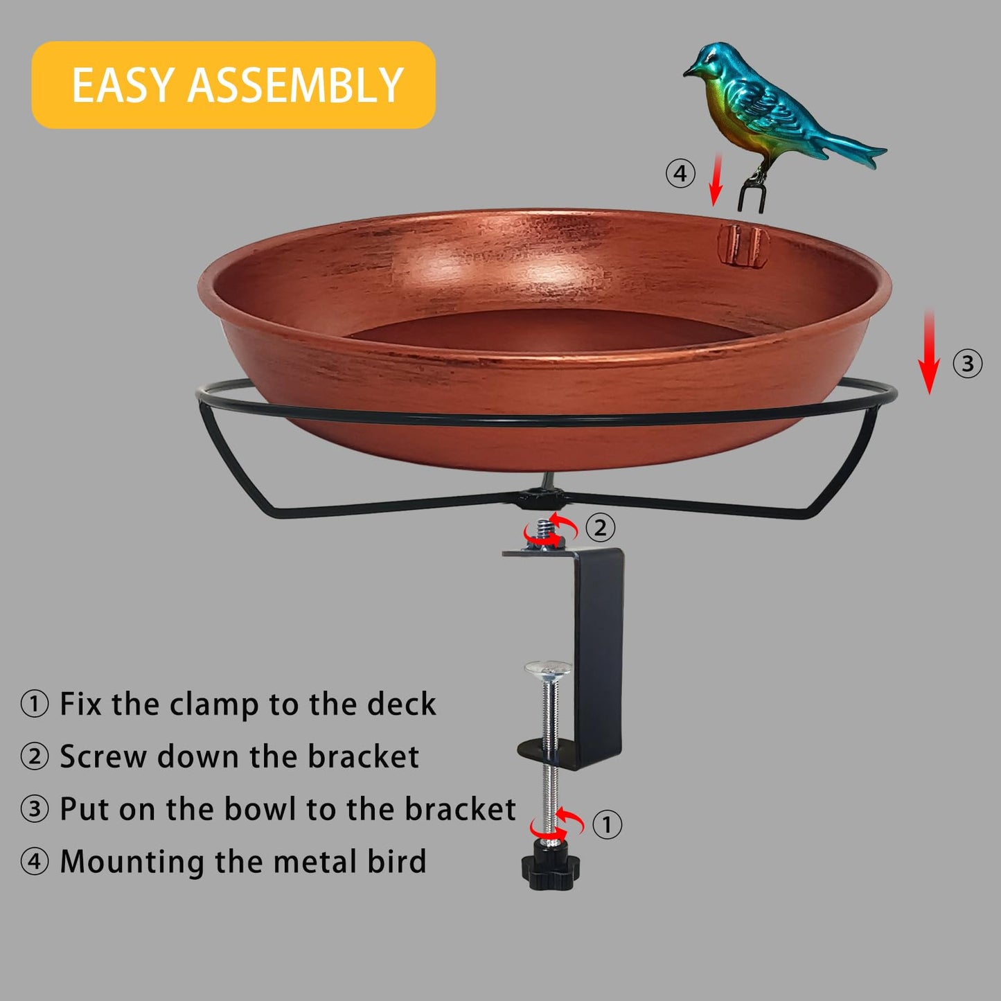 Keygift Deck Bird Bath for Outdoors, 11" Copper Metal Birdbath Bowl with Adjustable Big Steel Clamp Backyard Bird Bath&Bird Feeder for Railing Balcony Fence Yard Art Garden Decor