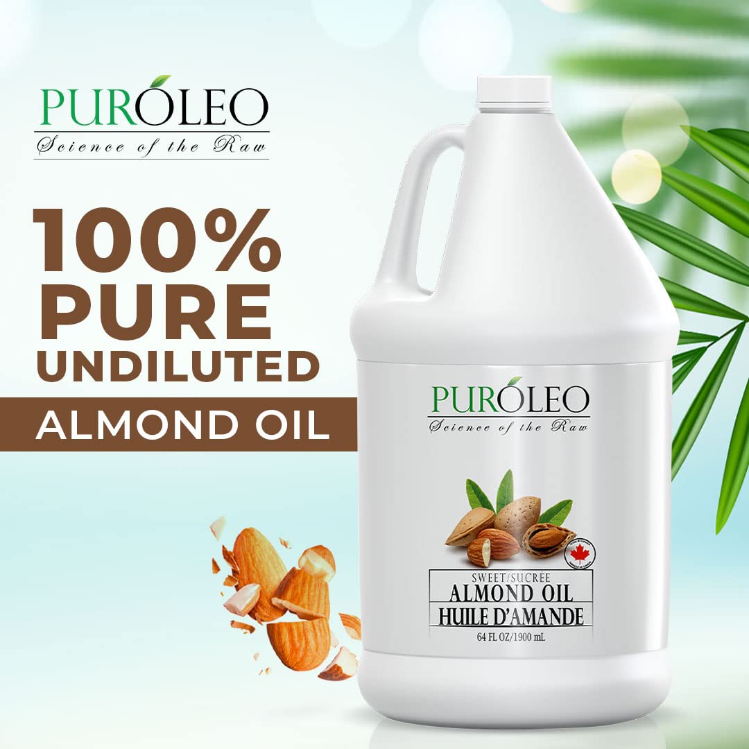 PUROLEO Sweet Almond Oil 64 Fl Oz/1900 ML (Packed In Canada) Pure Almond Oil for Skin, Hair, & Body | Organic Carrier Oil & Body Oils For Women | Almond Butter Hair Oil, Body Oil, Baby Oil, Massage Oil huiles essentielles Amande Douce Huile Massage