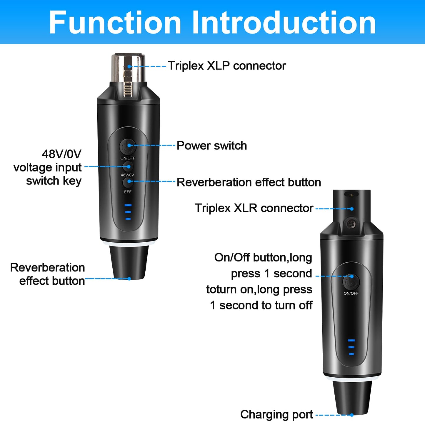 Depusheng S5 Wireless Microphone System Wireless Guitar Transmitter Receiver with XLR Plug-on Dynamic and 48V Condenser Microphones, Sound Mixer, 48V Phantom Power and Reverb Switch