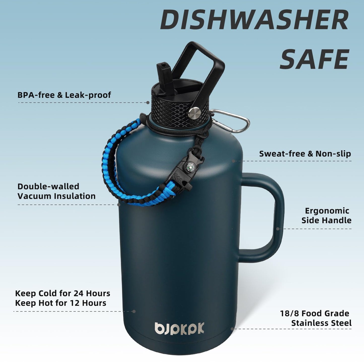 BJPKPK 1 Gallon Water Bottle Insulated with Straw Lid, 50oz, 64oz, 87oz, 128oz Large, Stainless Steel Water Bottles with 3 Lids and Paracord Strap, Double Wall Vacuum Metal Water Jug,Navy Blue