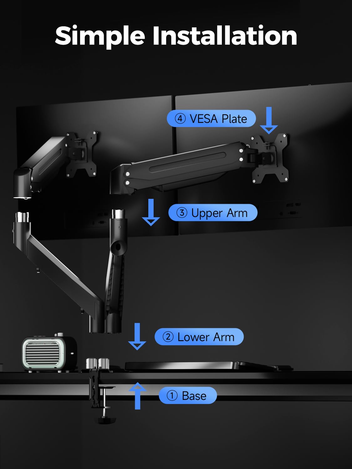 Suptek Dual Monitor Mount Stand-Height Adjustable Gas Spring Monitor Arm Desk Mount for 2 Computer Screens 17 to 32 inches - Each Arm Holds up to 22lbs,Black(MD8SP)