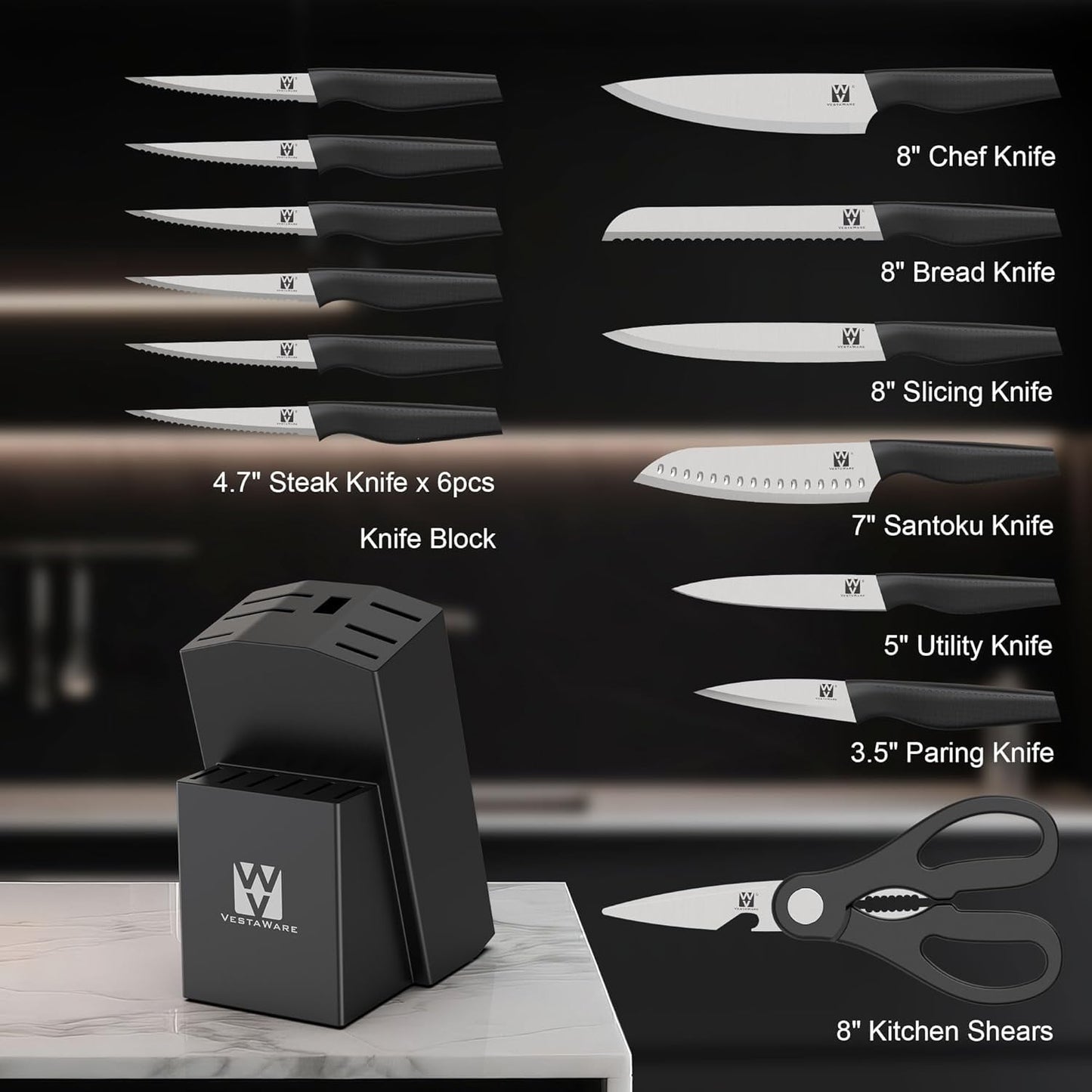 Vestaware Knife Set with Block, 14 PCS Sharp Kitchen Knife Set, Japanese Stainless Steel Kitchen Knife Set with Non-Slip Ergonomic Handle, Dishwasher Safe, Ideal Home Cooking Gift for Mom