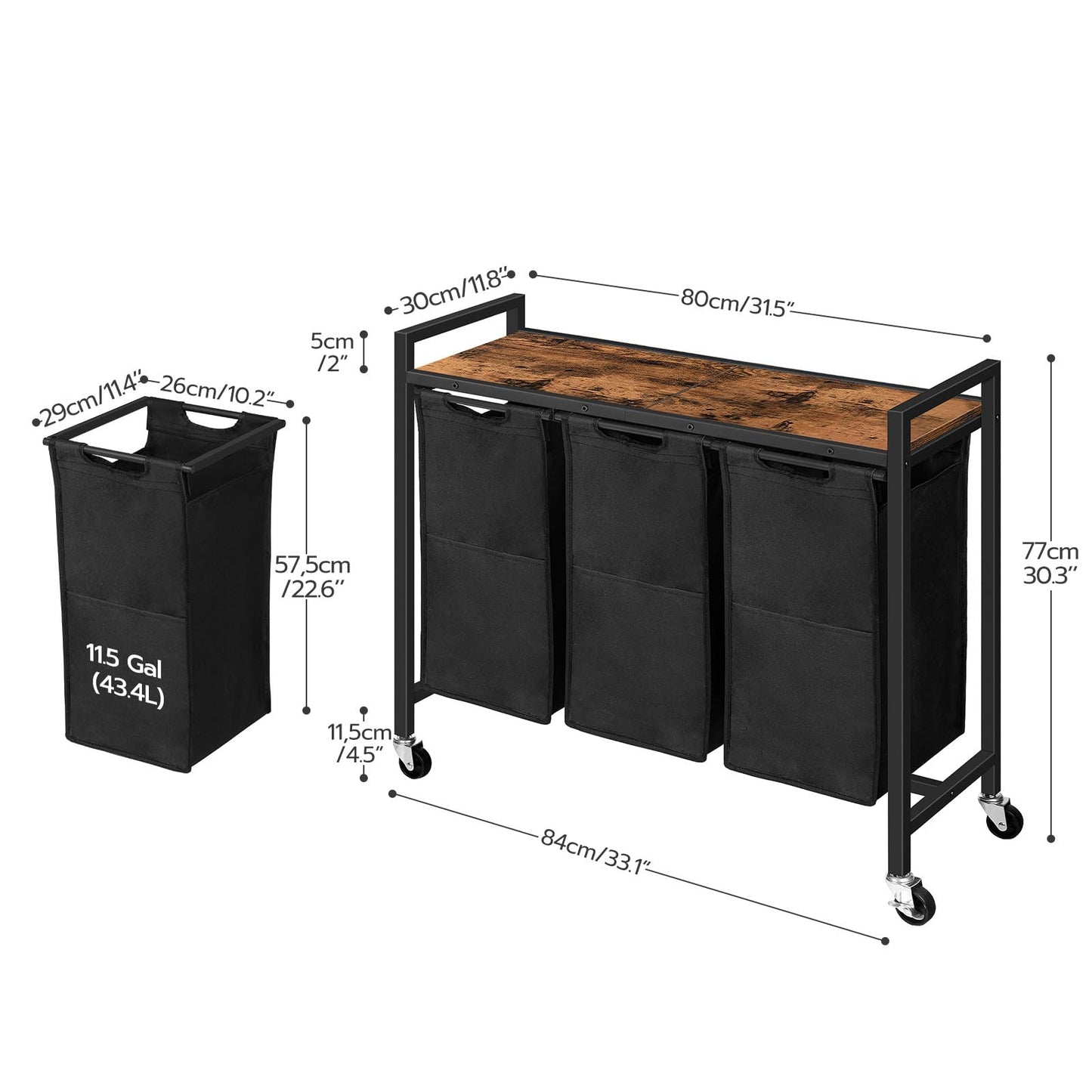 HOOBRO Laundry Sorter 3 Section, Laundry Hamper with Wheels, 3 × 11.5 Gal (43.5L), Rolling Laundry Basket, 3 Pull-Out and Removable Oxford Fabric Laundry Bags, Rustic Brown and Black BF76XY01