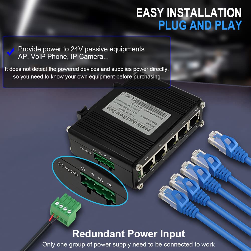 Industrial Passive 24V 5 Ports PoE Switch Gigabit RJ45 Din Rail 10/100/1000Mbps Ethernet Switch Unmaneged Switch PoE Switch 12-24V Input 24V Output Passive Switch