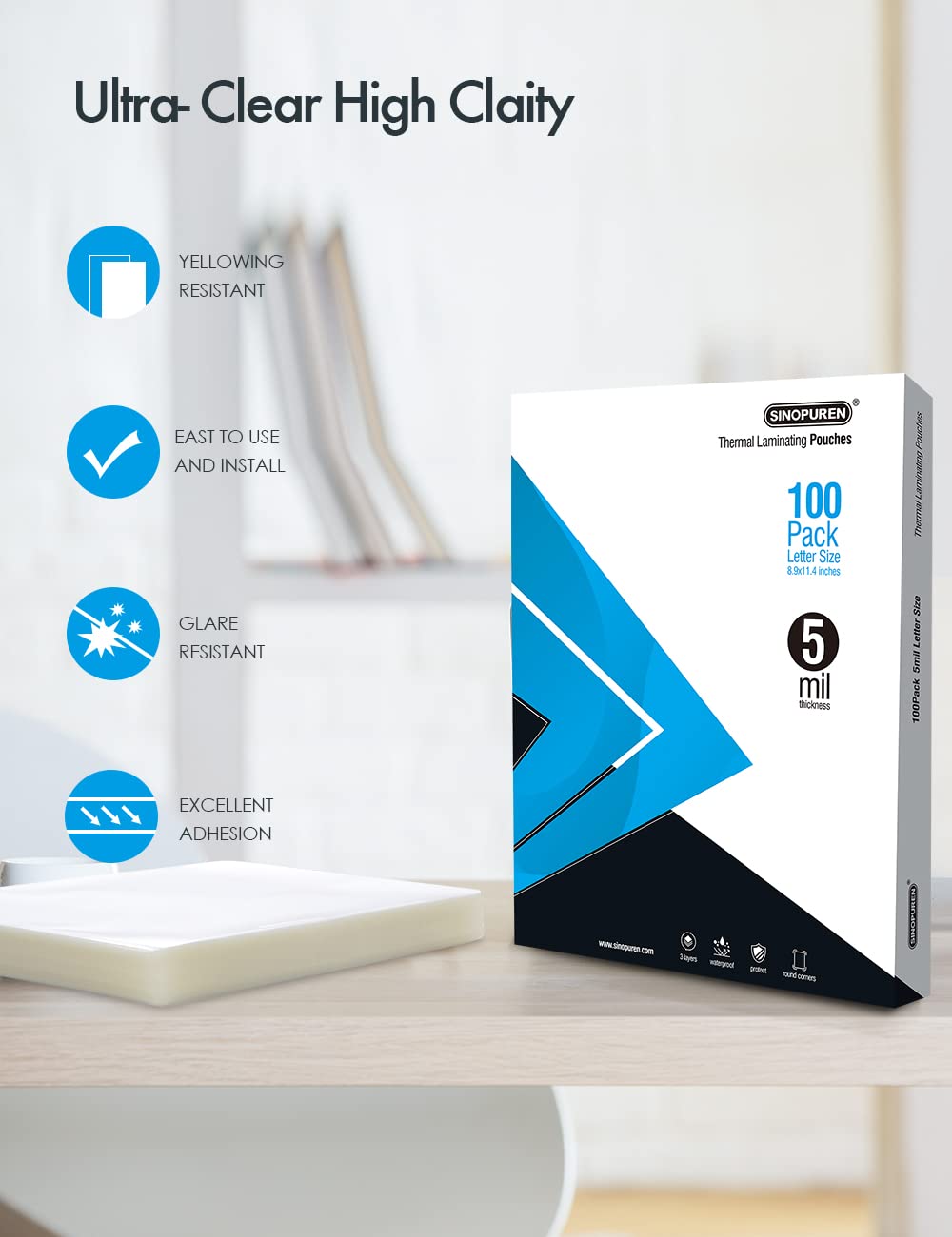 SINOPUREN Thermal Laminating Pouches – 5 Mil, Letter Size (8.9" x 11.4"), 100 Pack – Clear Glossy Finish, Heavy-Duty Sheets – Designed for Canadian Use