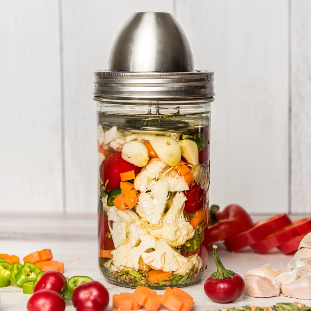 ChouAmi Stainless Steel Fermentation Kit w/Airlock & Weight for Easy Small-Batch Fermenting of Sauerkraut, Kimchi, Pickles ++ Use w/ 1L Le Parfait Wide Mouth Glass Mason Jar & Lid Included (Kit-1L)