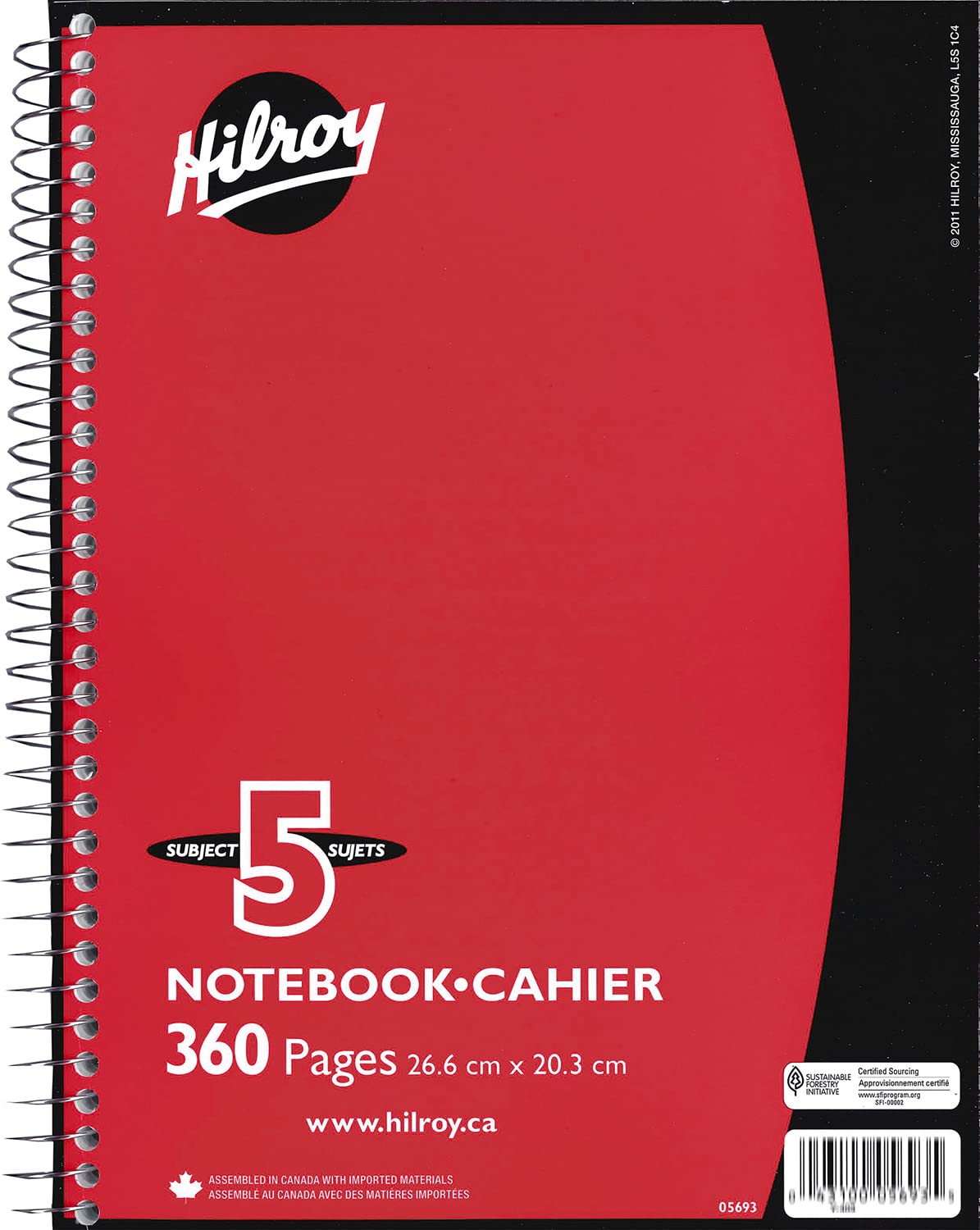 Hilroy 5-Subject Coil Notebook, 8" x 10.5", Wide Ruled, 360 Pages/180 Sheets, 3-Hole Punched, Red Colour Covers, Box of 12 (05693A)