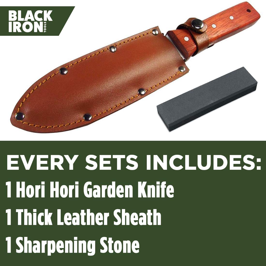Hori Hori Garden Knife [7 Inches, Japanese Stainless Steel] Durable Gardening Tool for Weeding, Digging, Cutting & Planting with Leather Sheath and Sharpening Stone