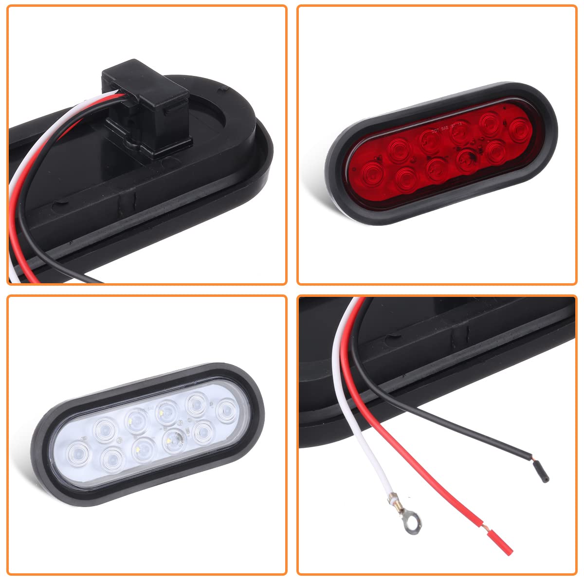 VINAUO 4 Red + 2 White 6" Oval LED Trailer Tail Light Kit, Grommets & 3-pin Water Tight Plugs Included, Stop Brake Turn Reverse Back Up Trailer Lights IP67 Waterproof for Trailer RV Truck Jeep