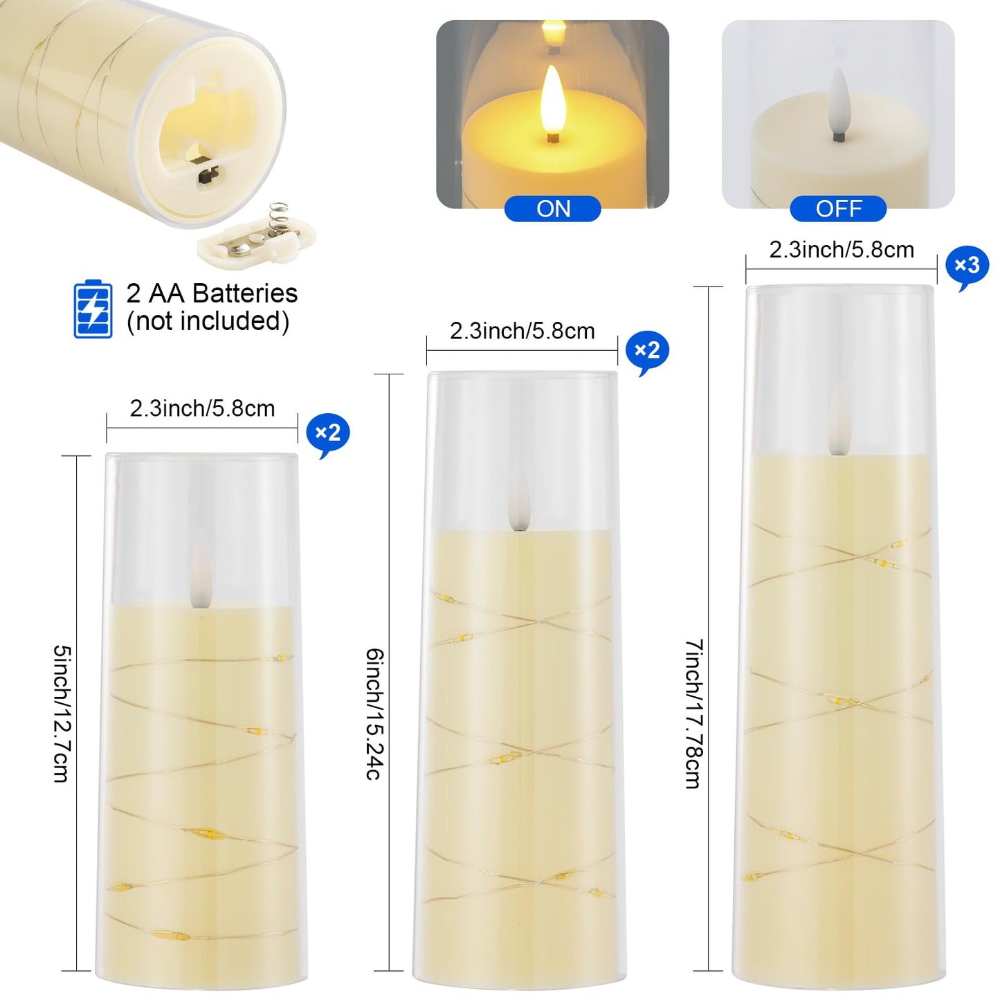 Liomus Flickering Flameless Candles, LED Pillar Canldes with String Light,Battery Operated Remote Control Timer Flameless Candles for Wedding Christmas Home Decor Set of 7 (D2.3in*H5 6 7in) (Ivory)