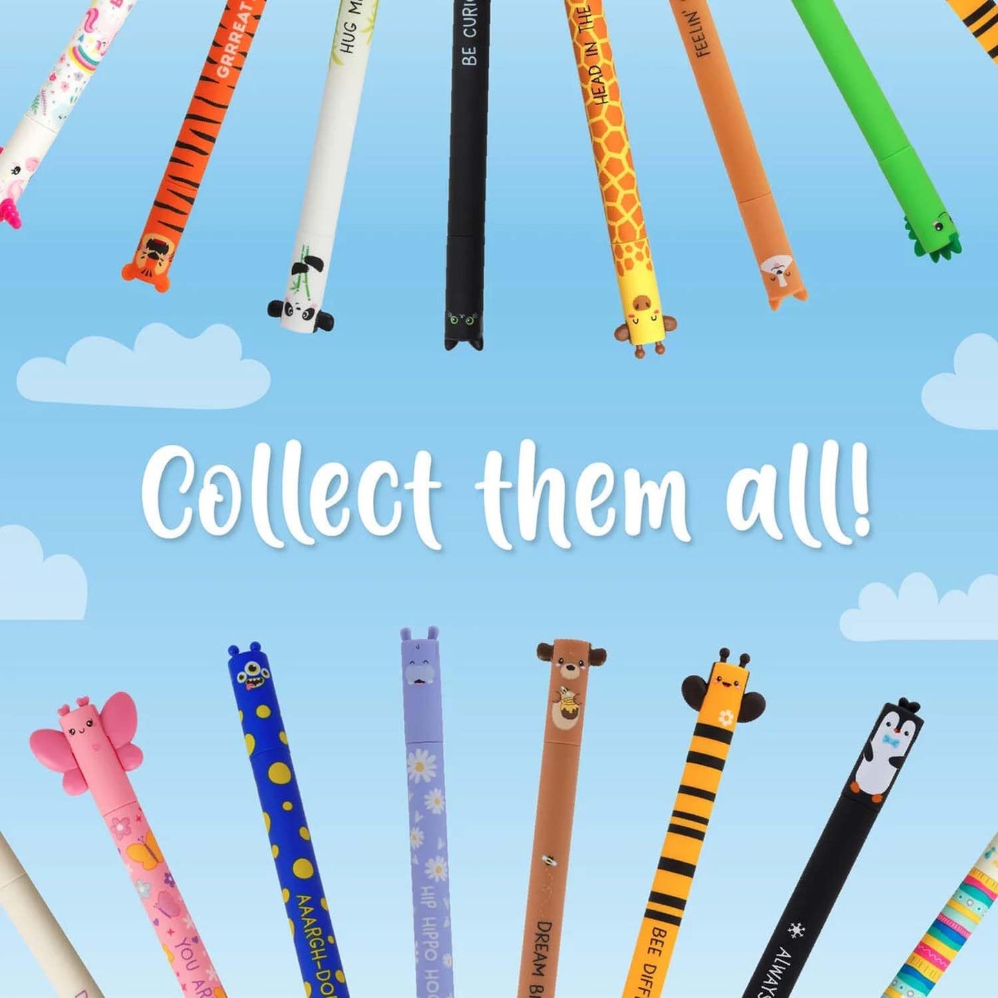 LEGAMI - Set of 15 Erasable Gel Pens with Thermosensitive Erase Ink, Range of ink colours & barrel designs, 0.7mm Tip, Animal Designs, Ladybug, Monster, Tiger, and Farmyard